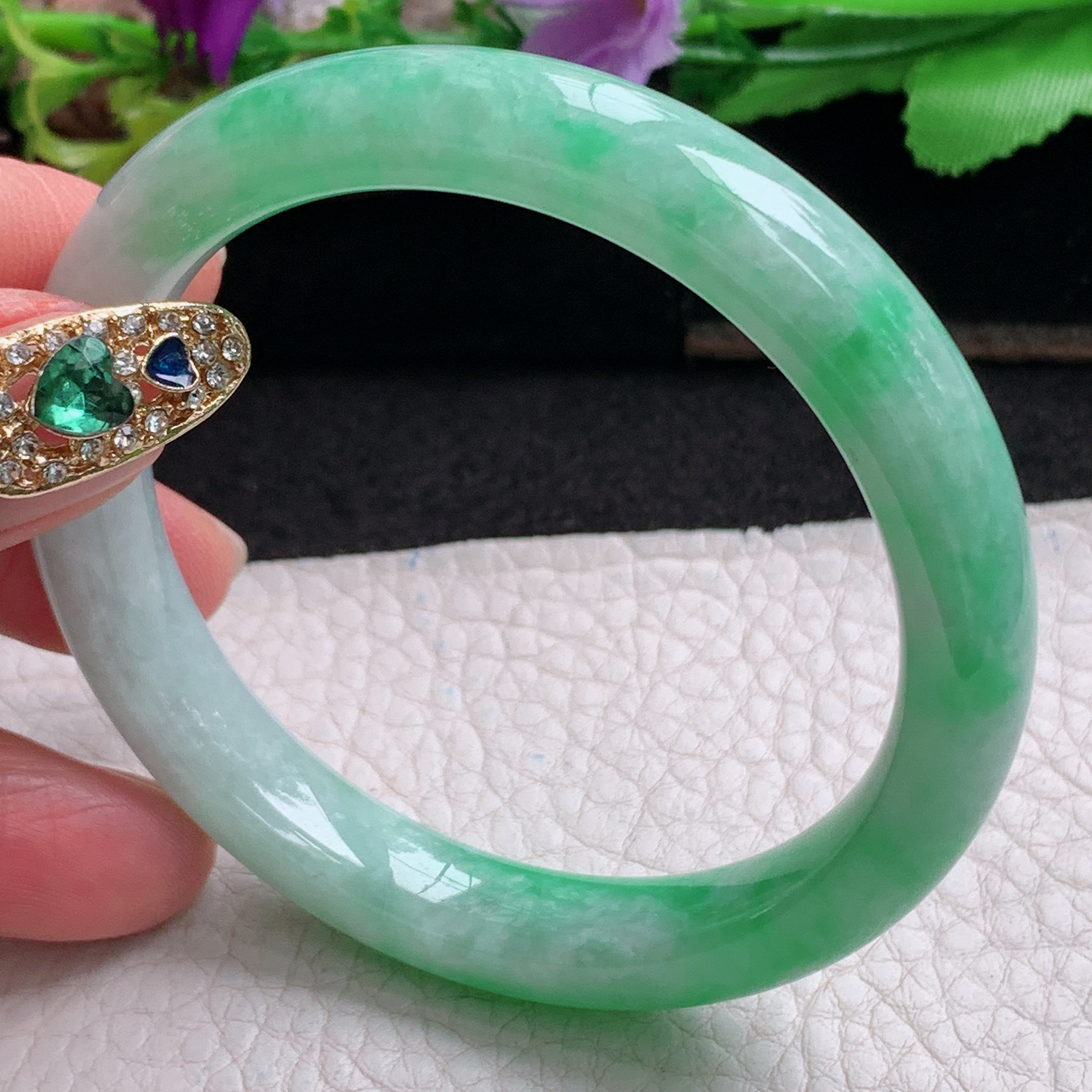 js招财款54*10*7.8平安镯 天然缅甸翡翠a货手镯半山水正圈玉镯子