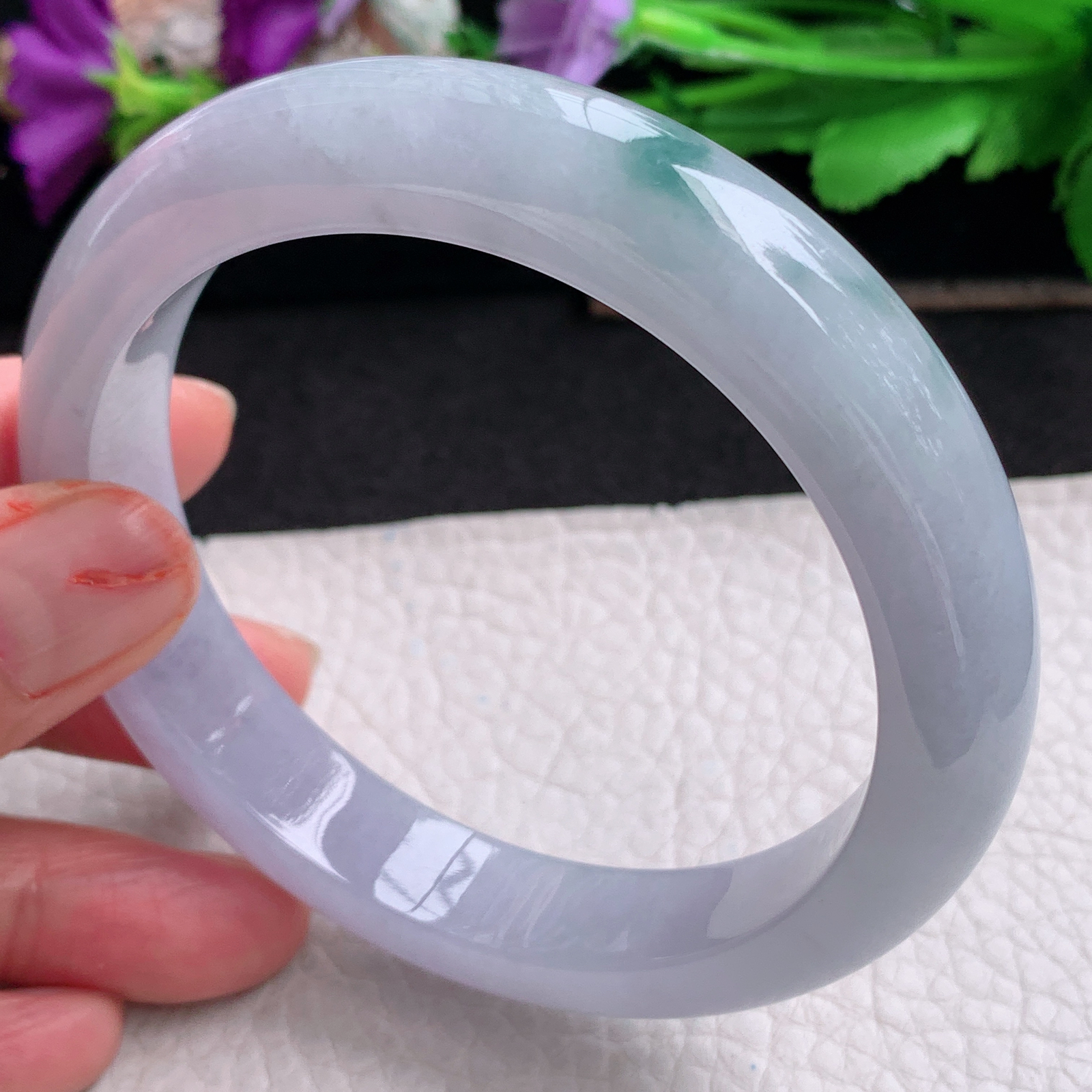 ll大圈口62.5*12.2*9平安镯 天然翡翠a货手镯胶感紫底飘花正圈玉镯子