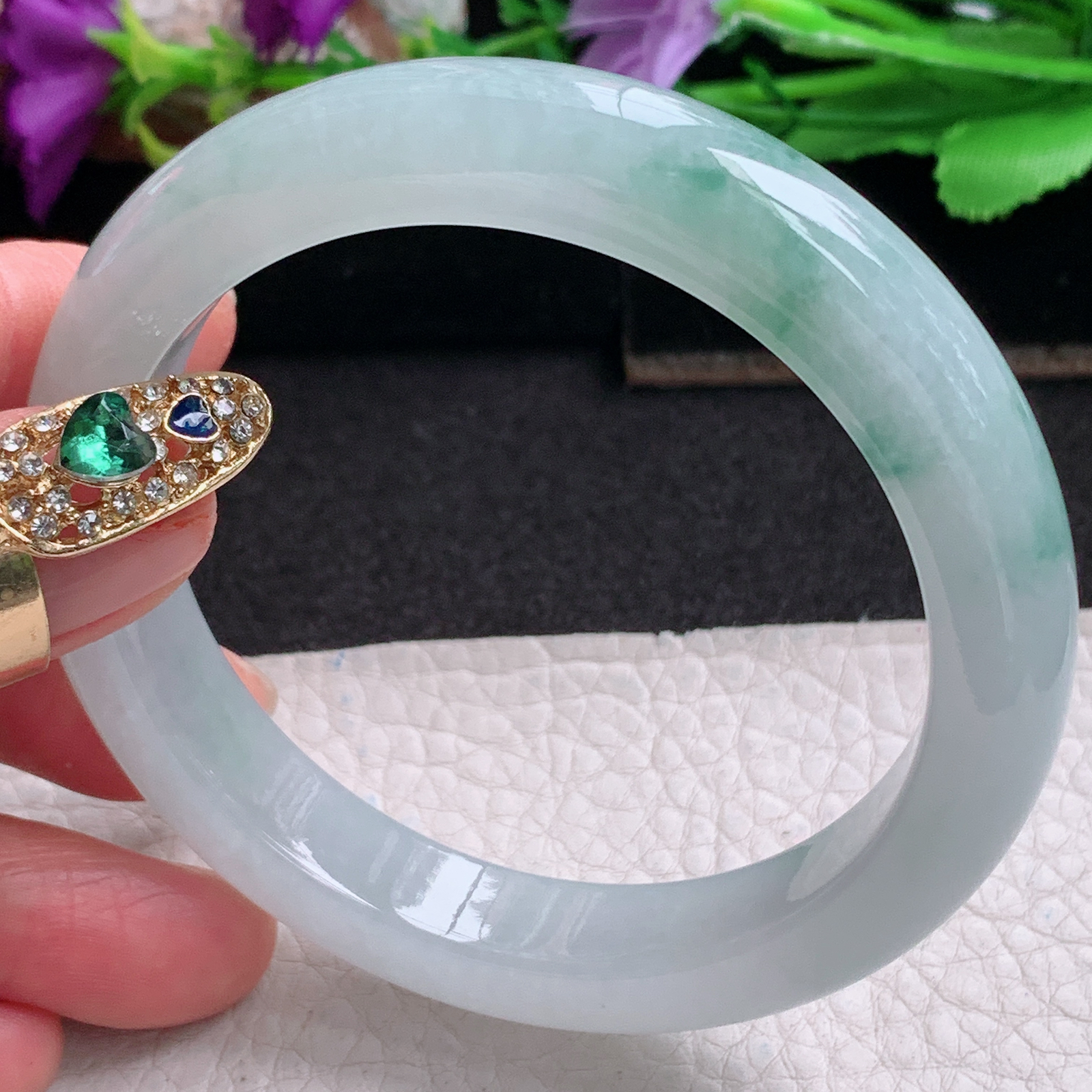 ll实拍57*11.3*8.8平安镯 天然缅甸翡翠a货手镯冰飘花正圈玉镯子