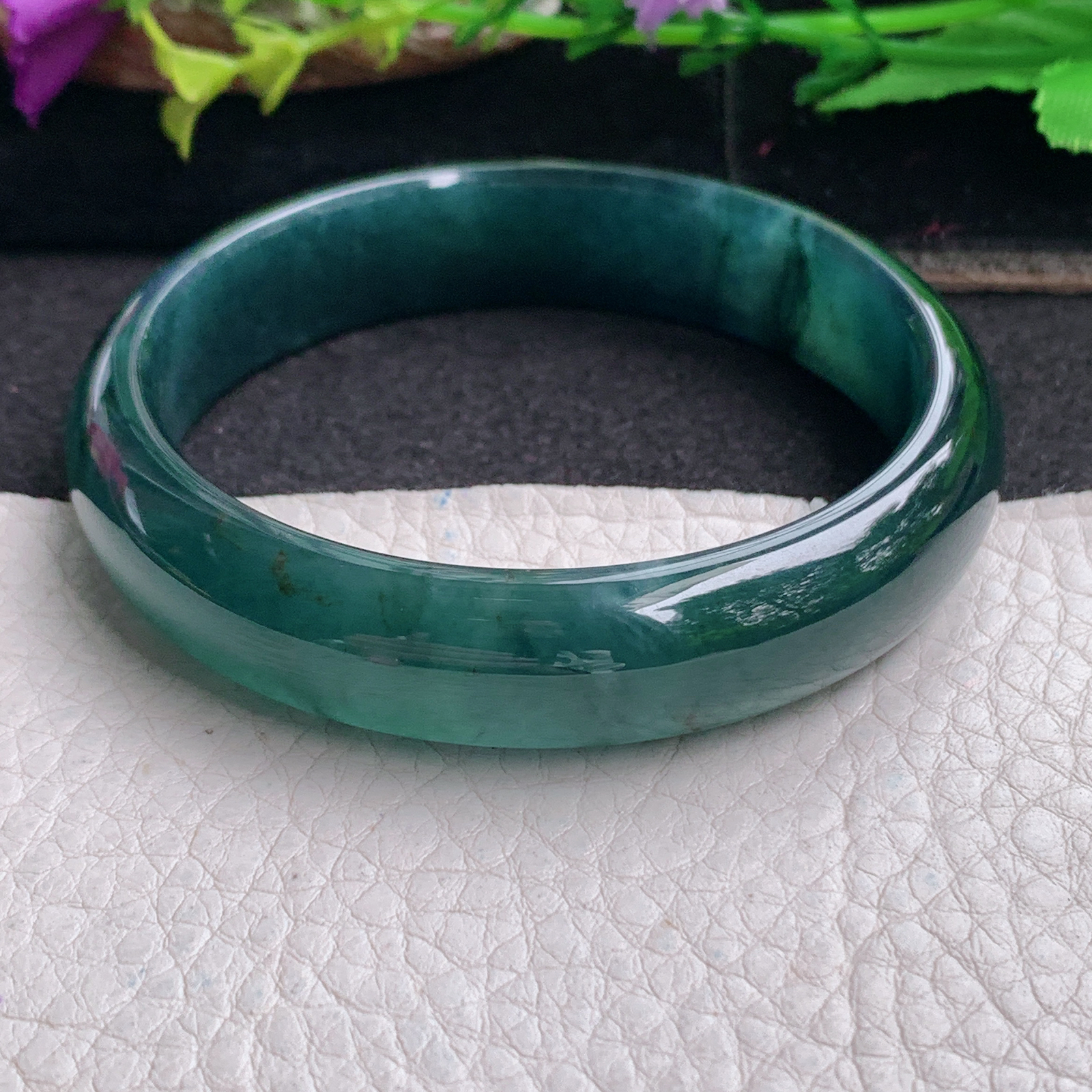 ll实拍57*13*6.8平安镯 天然翡翠a货手镯胶感蓝韵正圈玉镯子