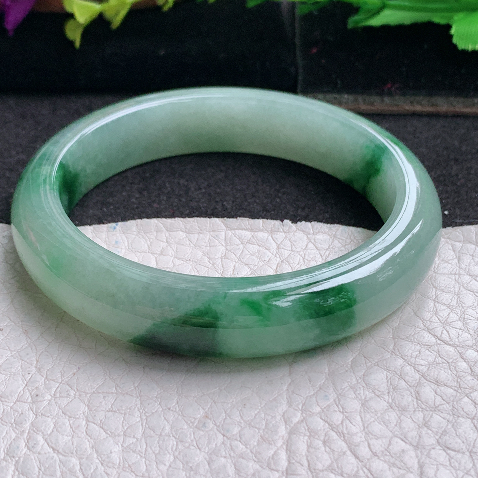 ll实拍53.5*11.8*7.8平安镯 天然缅甸翡翠a货手镯胶感飘花正圈玉镯子