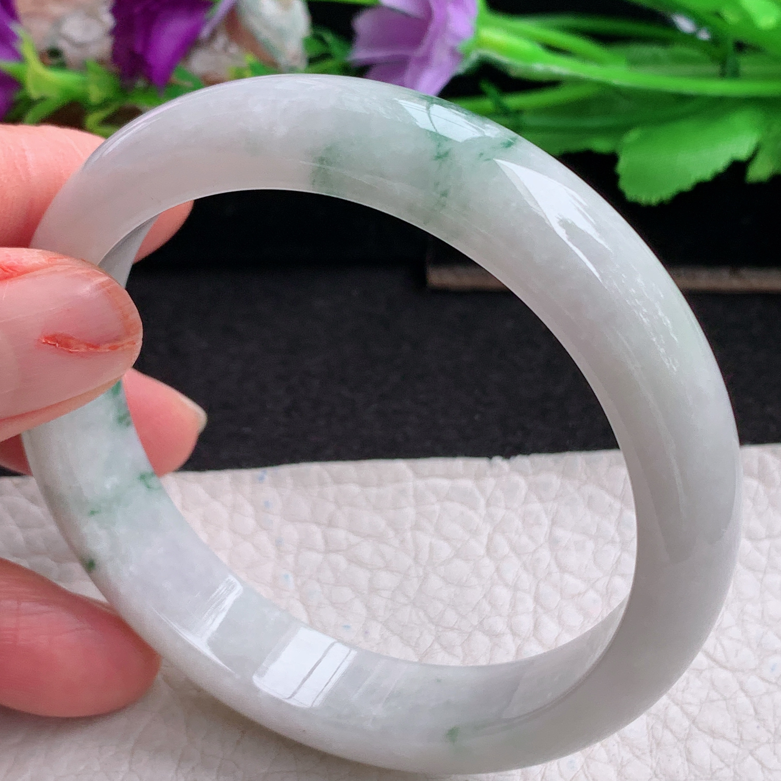 ll实拍58*12.3*7.6平安镯 天然翡翠a货手镯胶感飘花正圈玉镯子