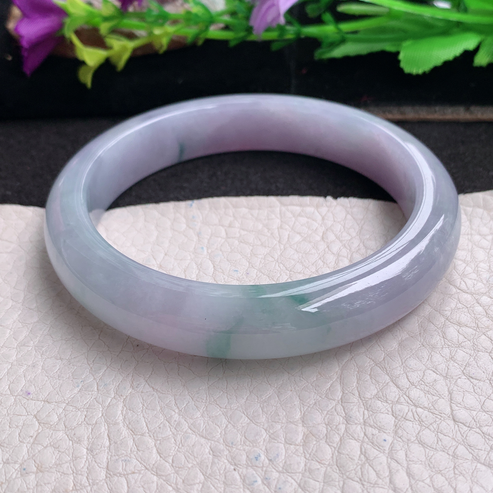 ll大圈口62.3*13*8.6平安镯 天然翡翠a货手镯胶感蓝韵飘花正圈玉镯子