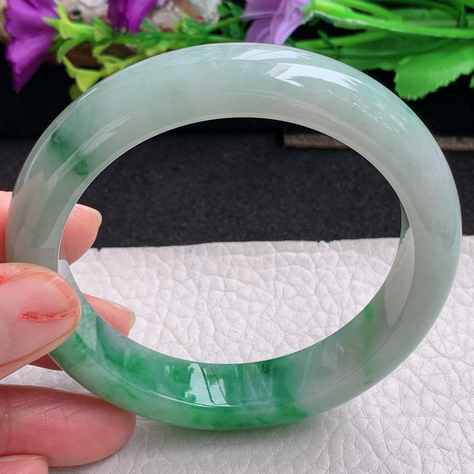 ll实拍58*12.6*8.8平安镯 天然翡翠a货手镯胶感辣绿正圈玉镯子