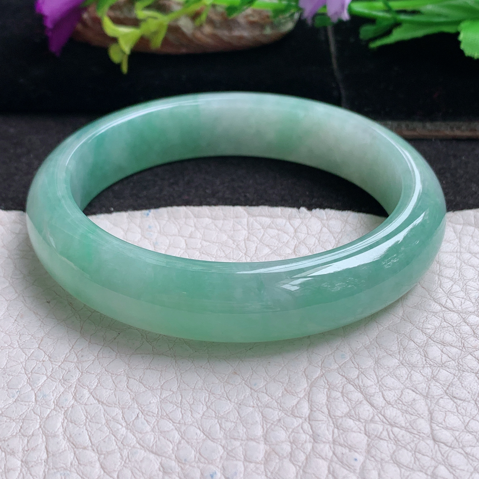 ee清新款57.5*12.7*8平安镯 天然缅甸翡翠a货手镯冰绿正圈玉镯子
