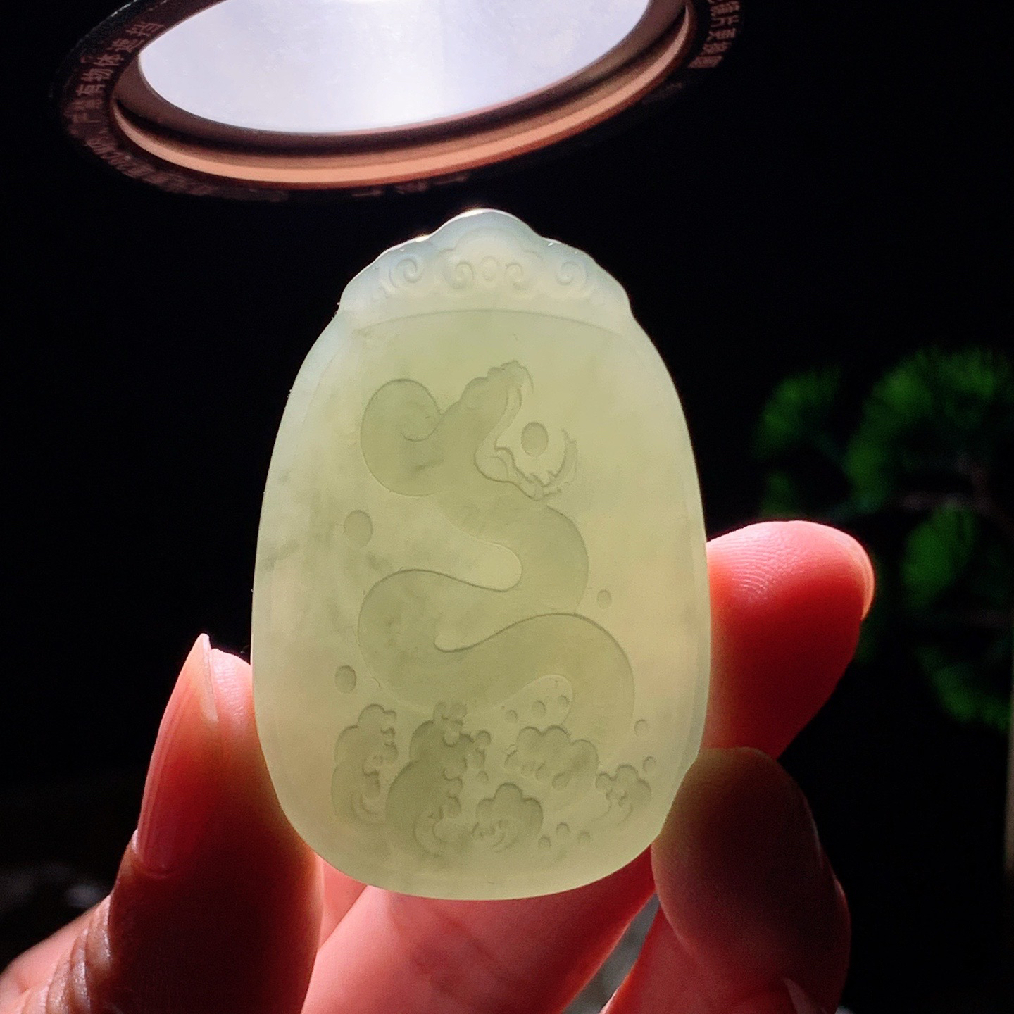 和田玉晴水富贵缠身蛇牌子挂件 尺寸47/31/9重26克 玉质细腻油润 底色纯净 脂粉好，品质好。lt260402