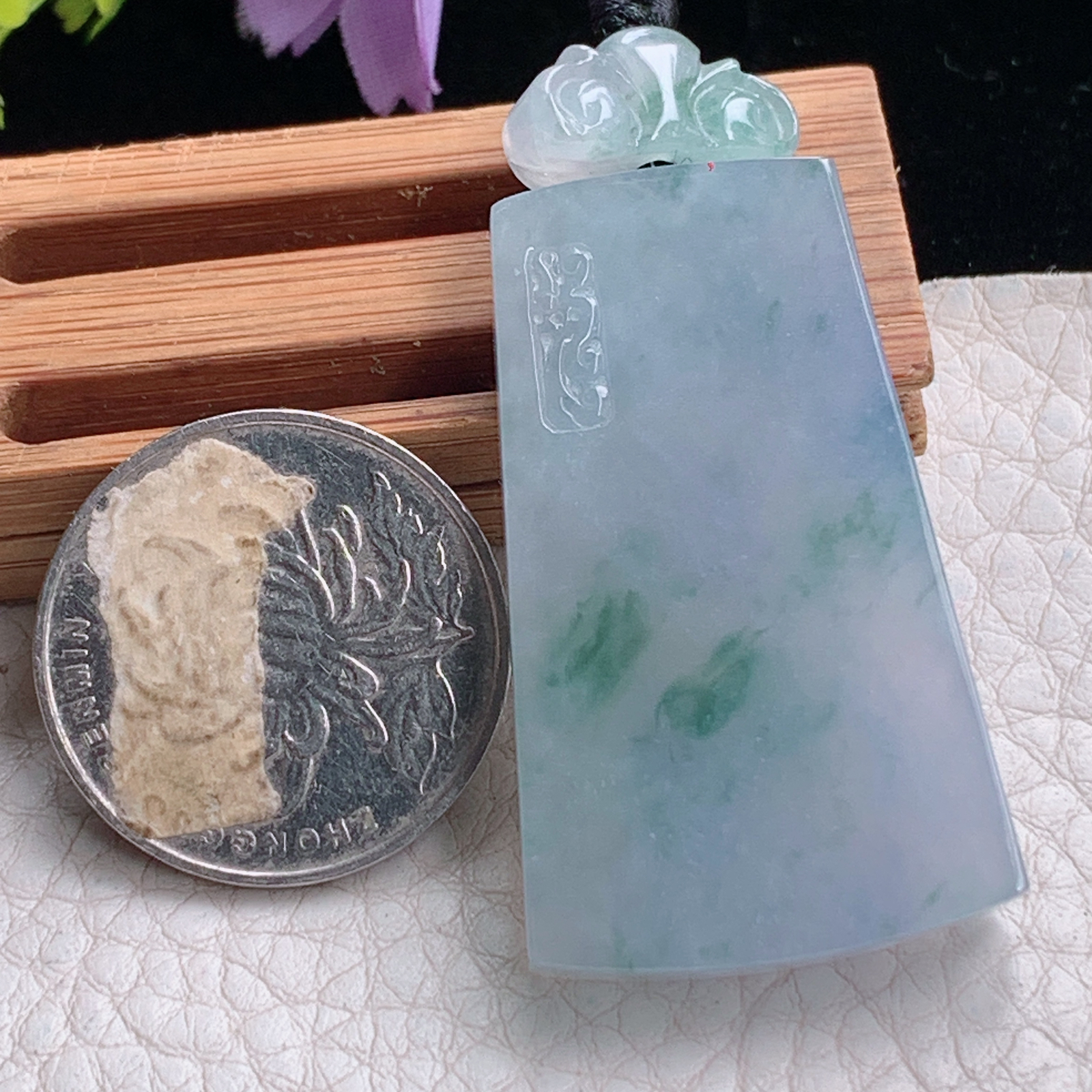 sx实拍41.8*25*6.5天然缅甸翡翠紫罗兰冰飘花平安无事牌吊坠祥云福牌