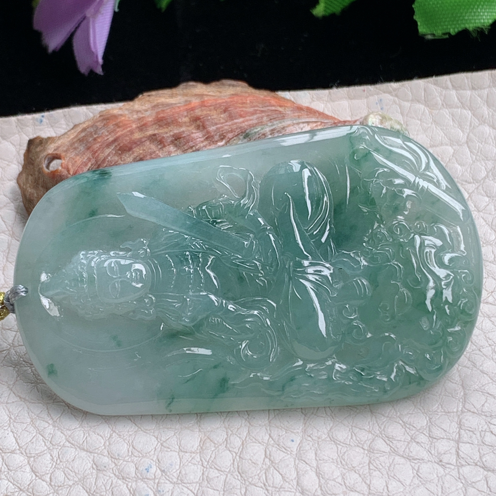 rp实拍64*38.6*5.8天然缅甸翡翠冰透飘花文殊观音吊坠生肖守护神菩萨