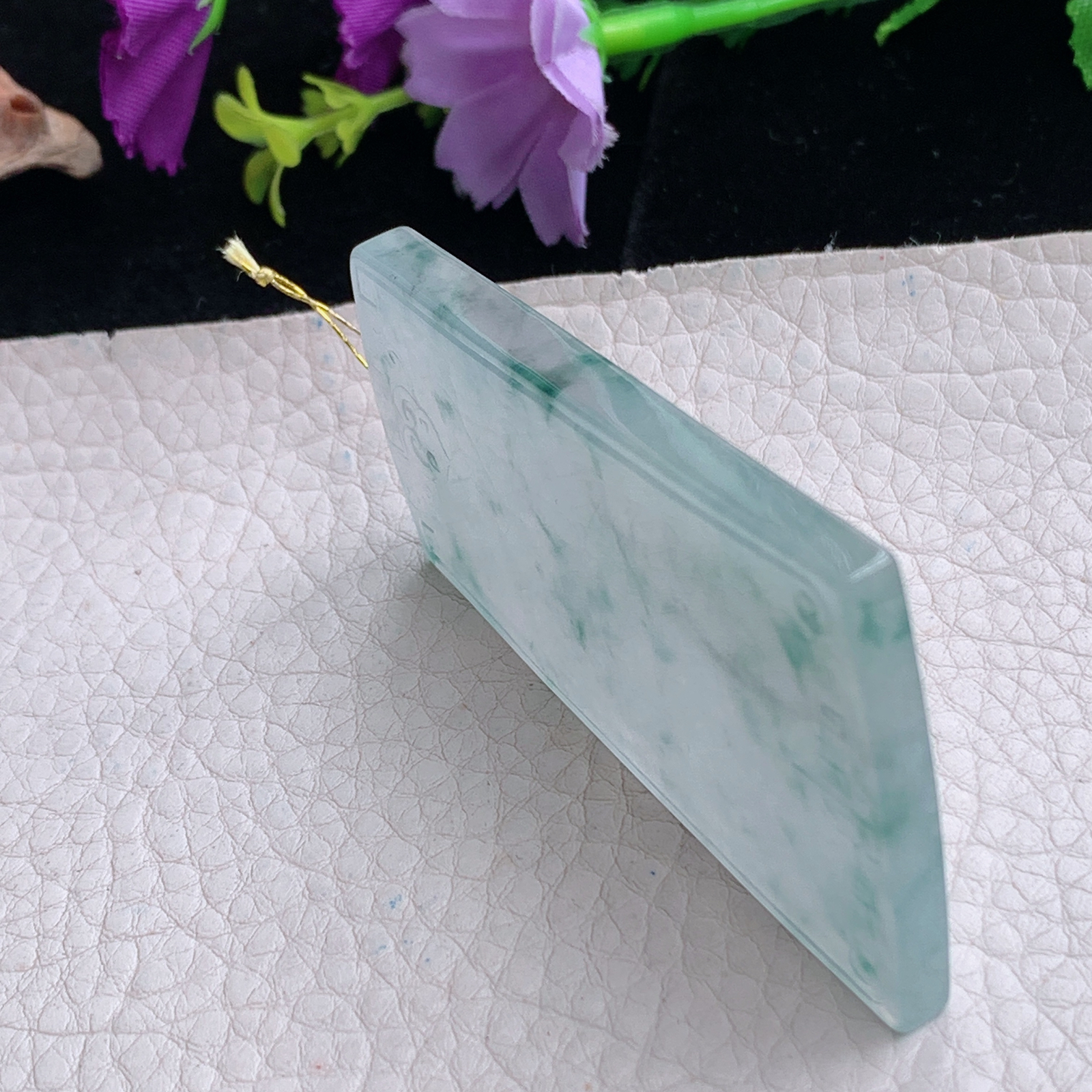 ktj实拍67*40*5.2天然缅甸翡翠冰飘花雕花平安无事牌吊坠四六牌男款素牌