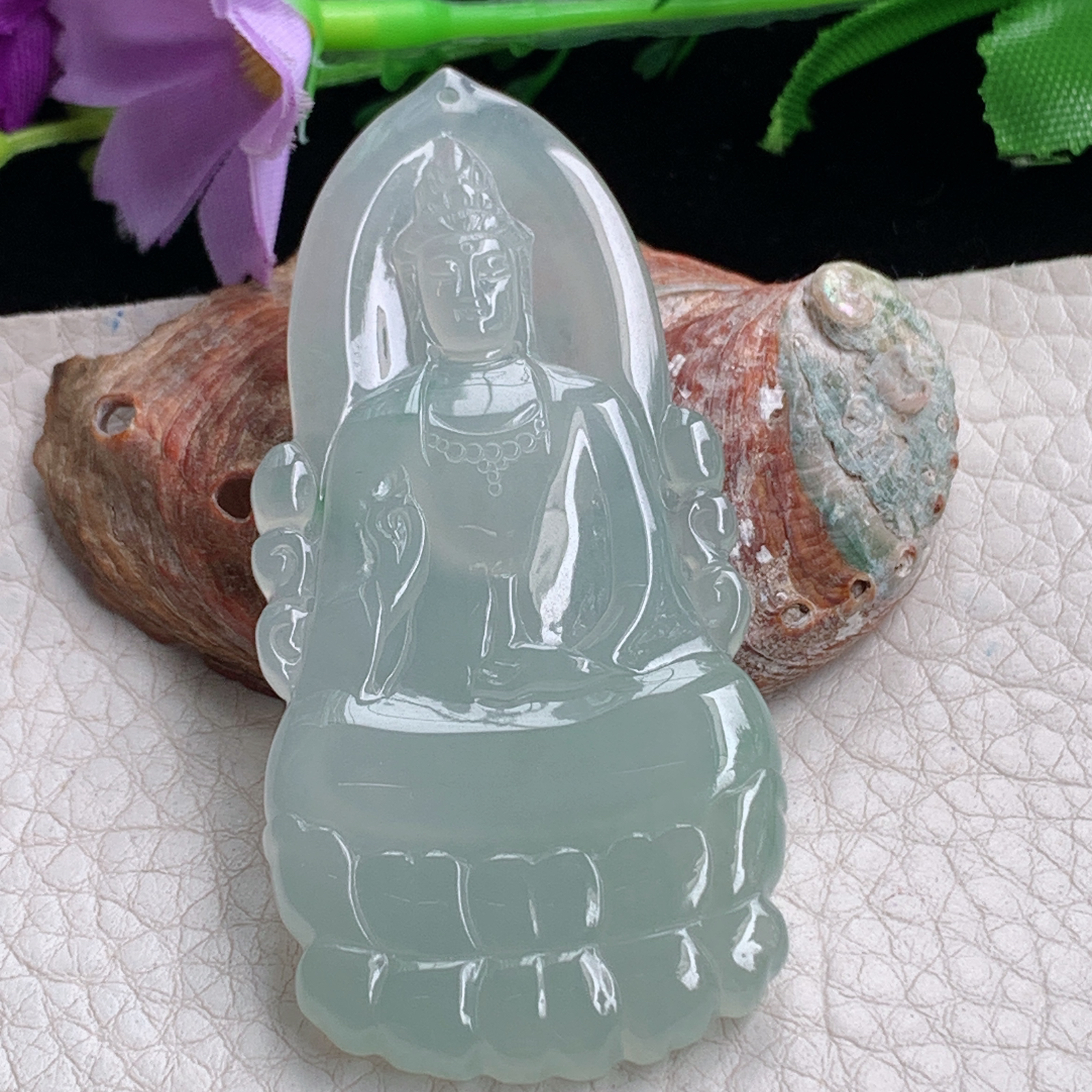 kh实拍65.3*31*5.2天然缅甸翡翠冰透淡绿素衣观音吊坠生肖守护神菩萨