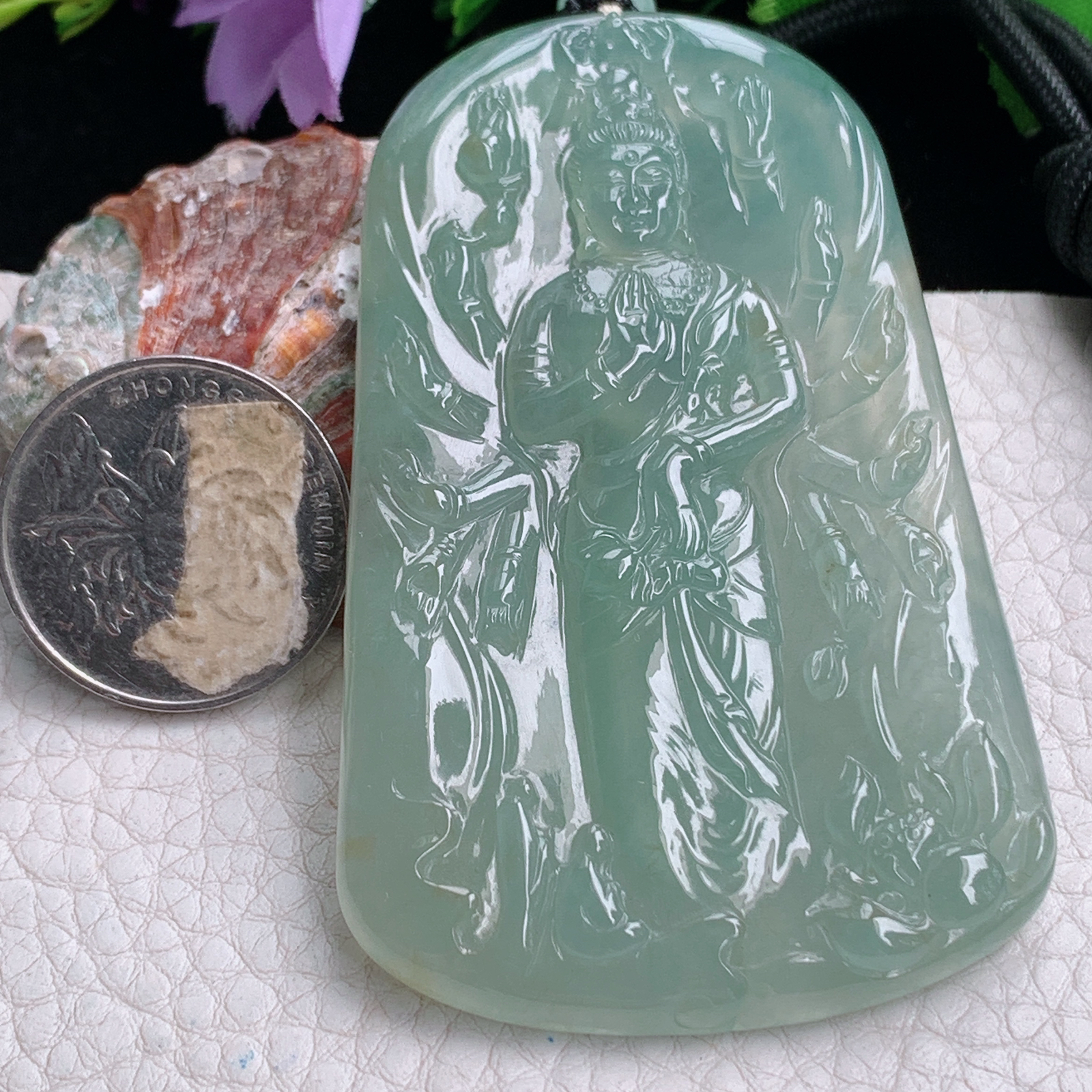 Csy实拍75.3*46.5*6.3缅甸翡翠睛水绿千手观音吊坠站观音菩萨