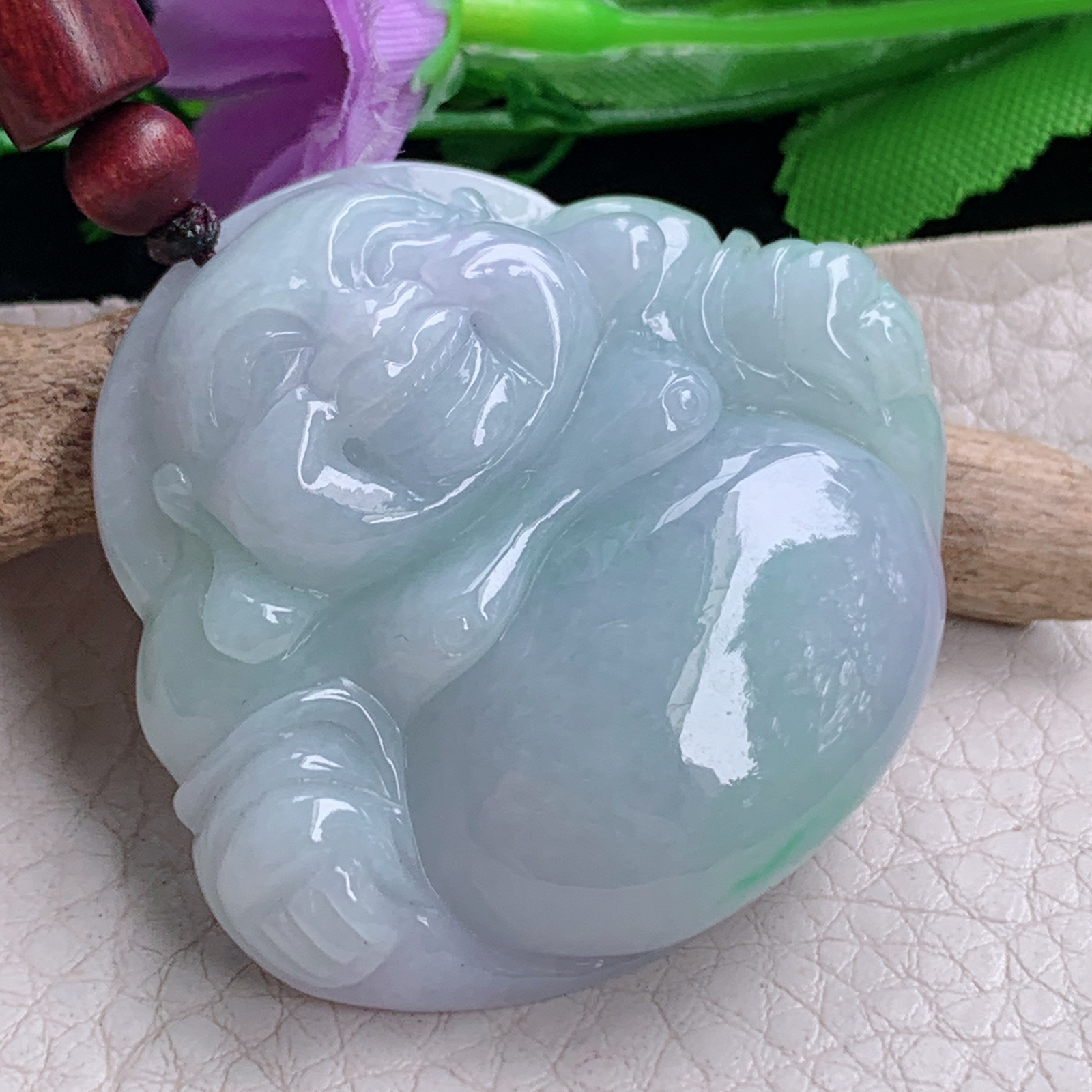 zen实拍41*45*11.3缅甸天然翡翠a货精雕春带彩佛公玉项坠 玉挂件