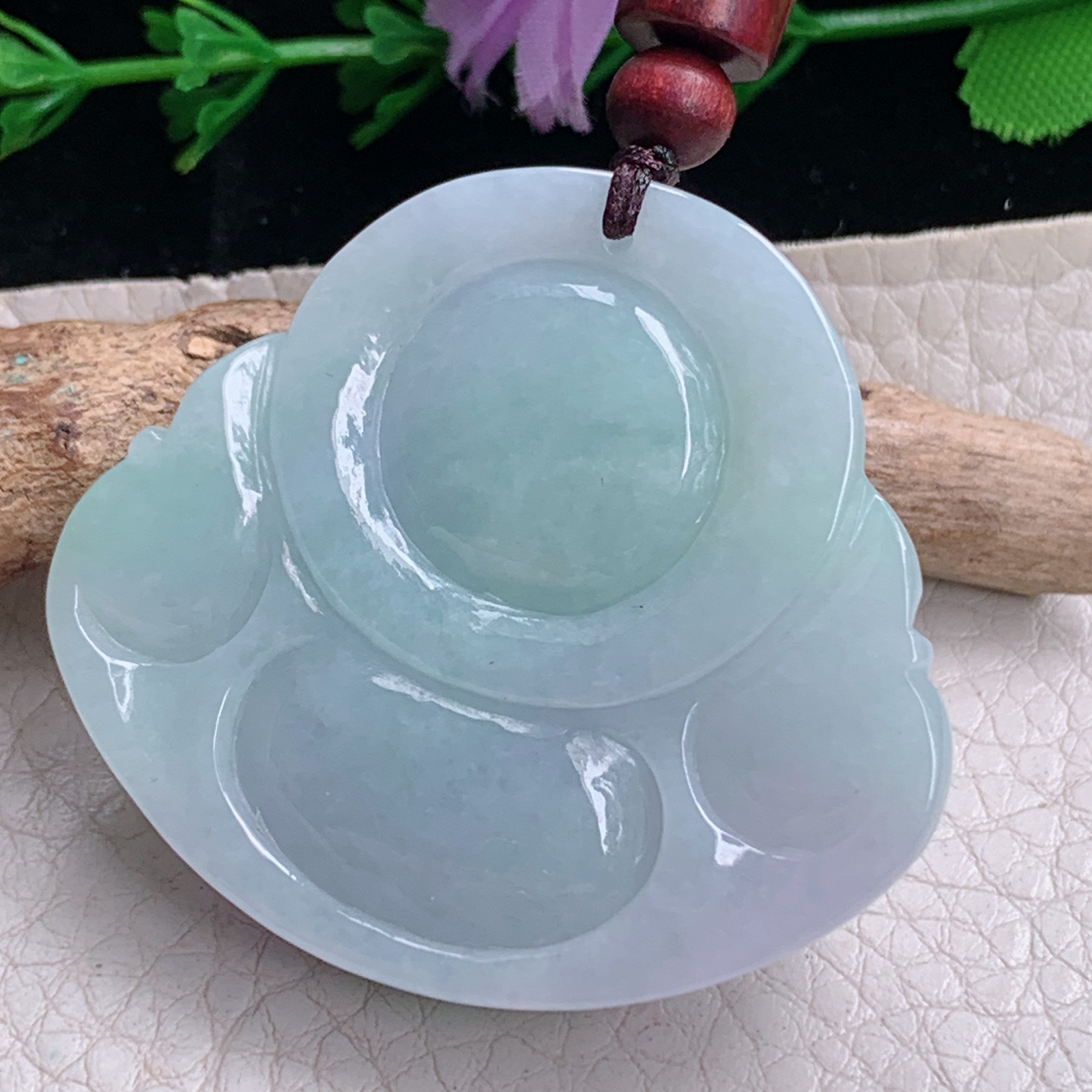 zen实拍41*45*11.3缅甸天然翡翠a货精雕春带彩佛公玉项坠 玉挂件