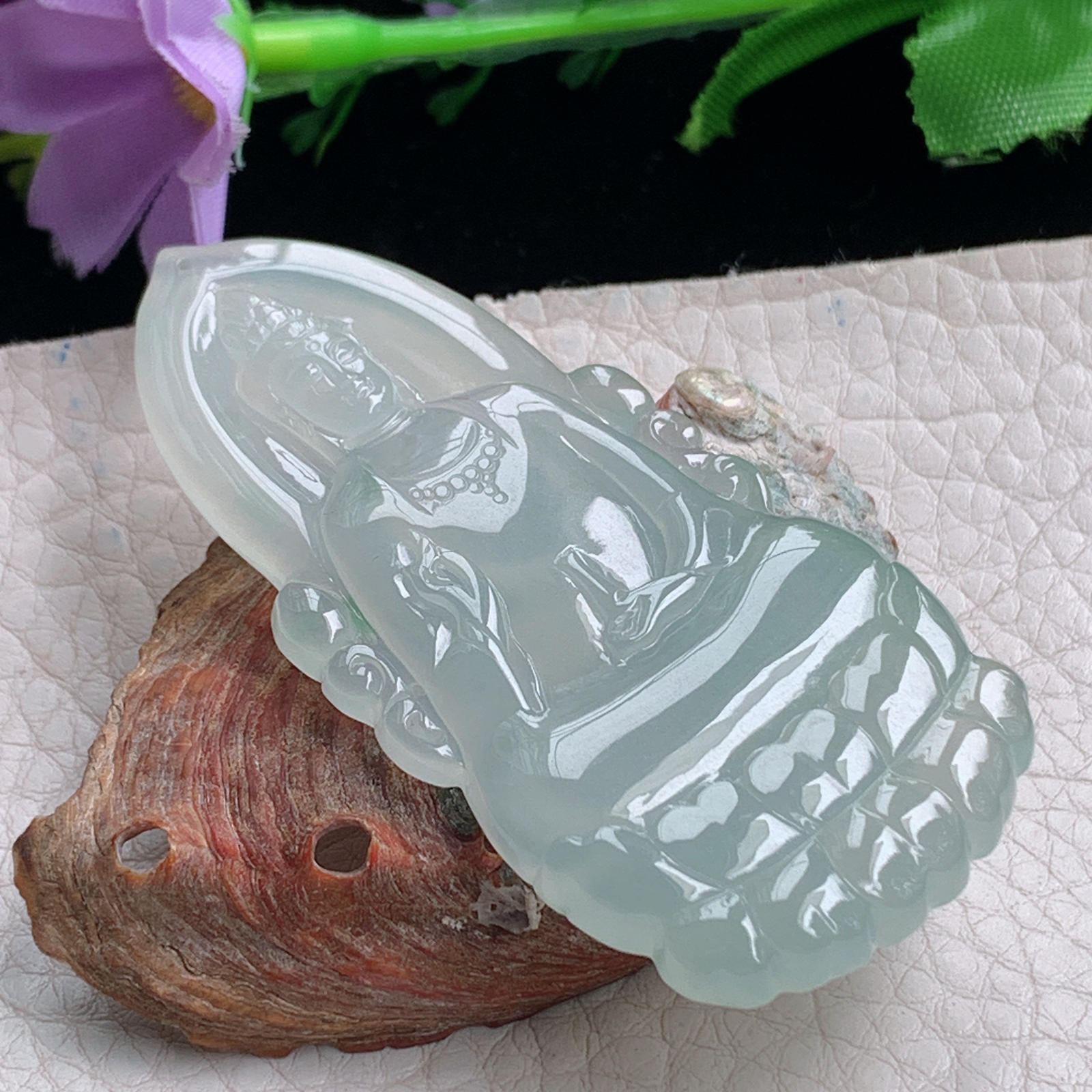 kh实拍65.3*31*5.2天然缅甸翡翠冰透淡绿素衣观音吊坠生肖守护神菩萨