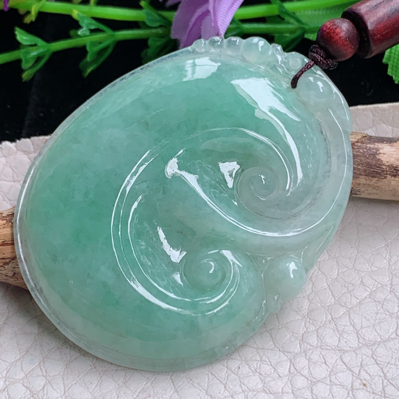 zen实拍52.7*40.8*6缅甸天然翡翠a货精雕满绿大如意玉项坠 玉挂件