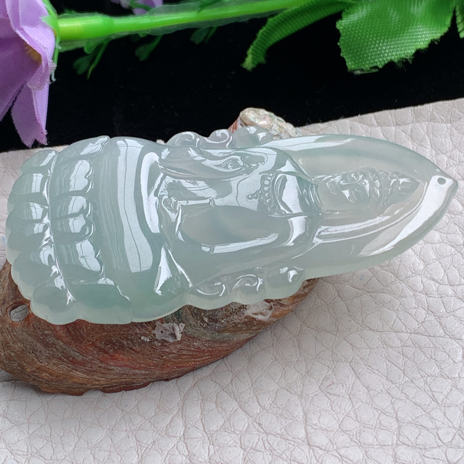 kh实拍65.3*31*5.2天然缅甸翡翠冰透淡绿素衣观音吊坠生肖守护神菩萨