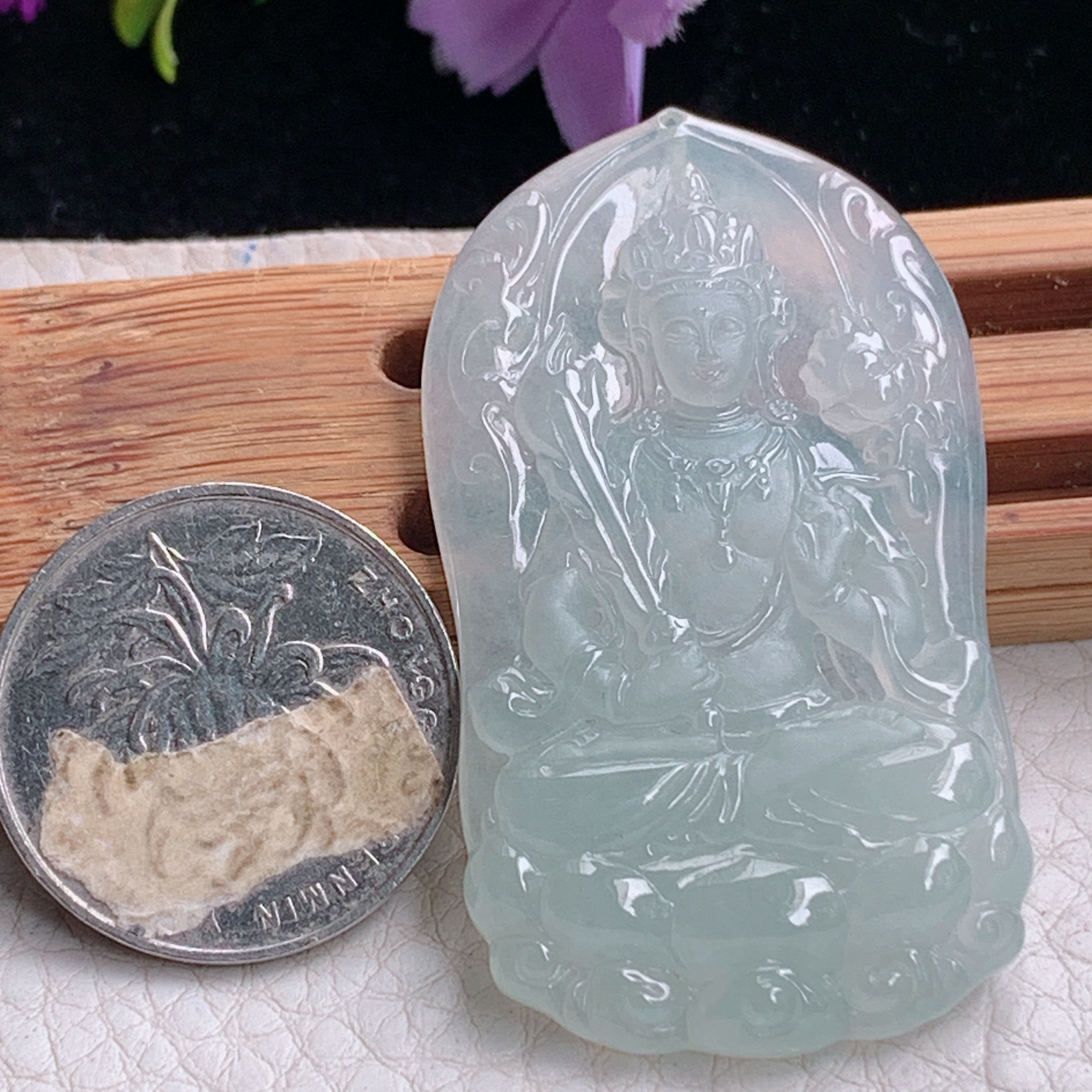 ktj实拍52.5*29.8*5.8天然缅甸翡翠冰种虚空藏观音菩萨吊坠生肖守护神玉坠