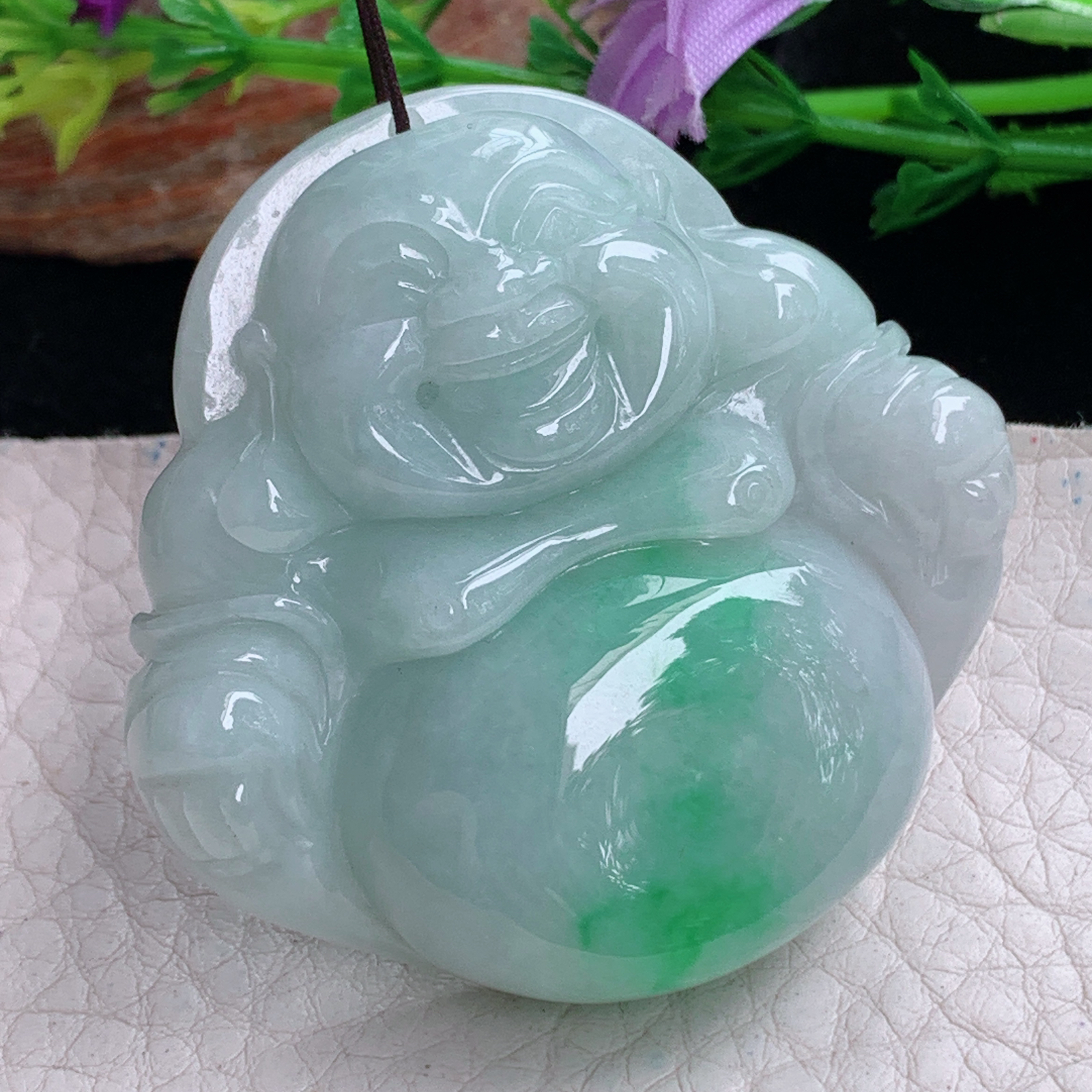 zen实拍45.5*47.5*12.8缅甸天然翡翠a货精雕飘绿大佛公玉项坠 玉挂件