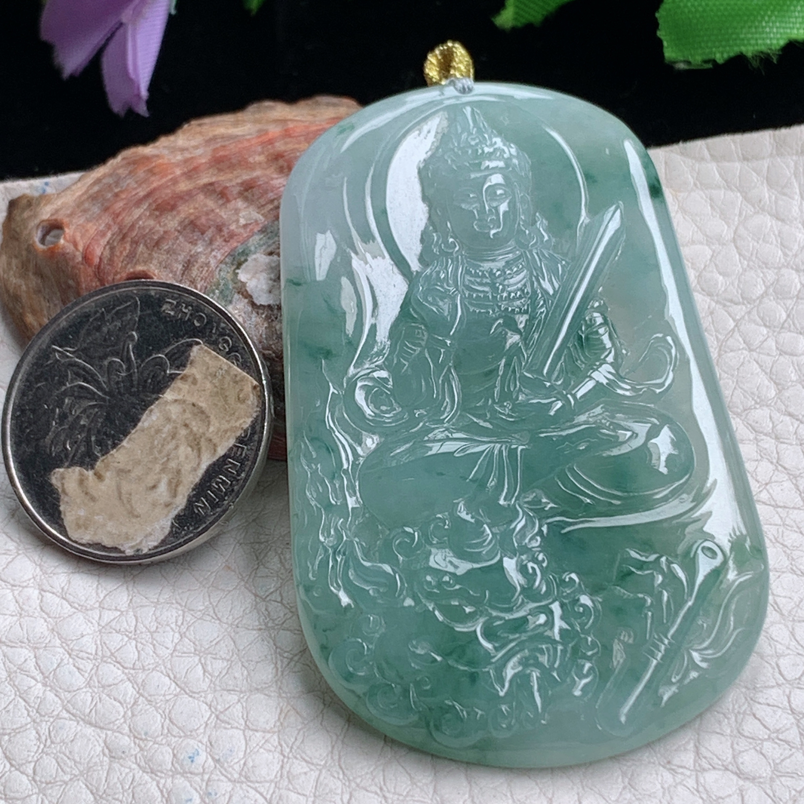 rp实拍64*38.6*5.8天然缅甸翡翠冰透飘花文殊观音吊坠生肖守护神菩萨