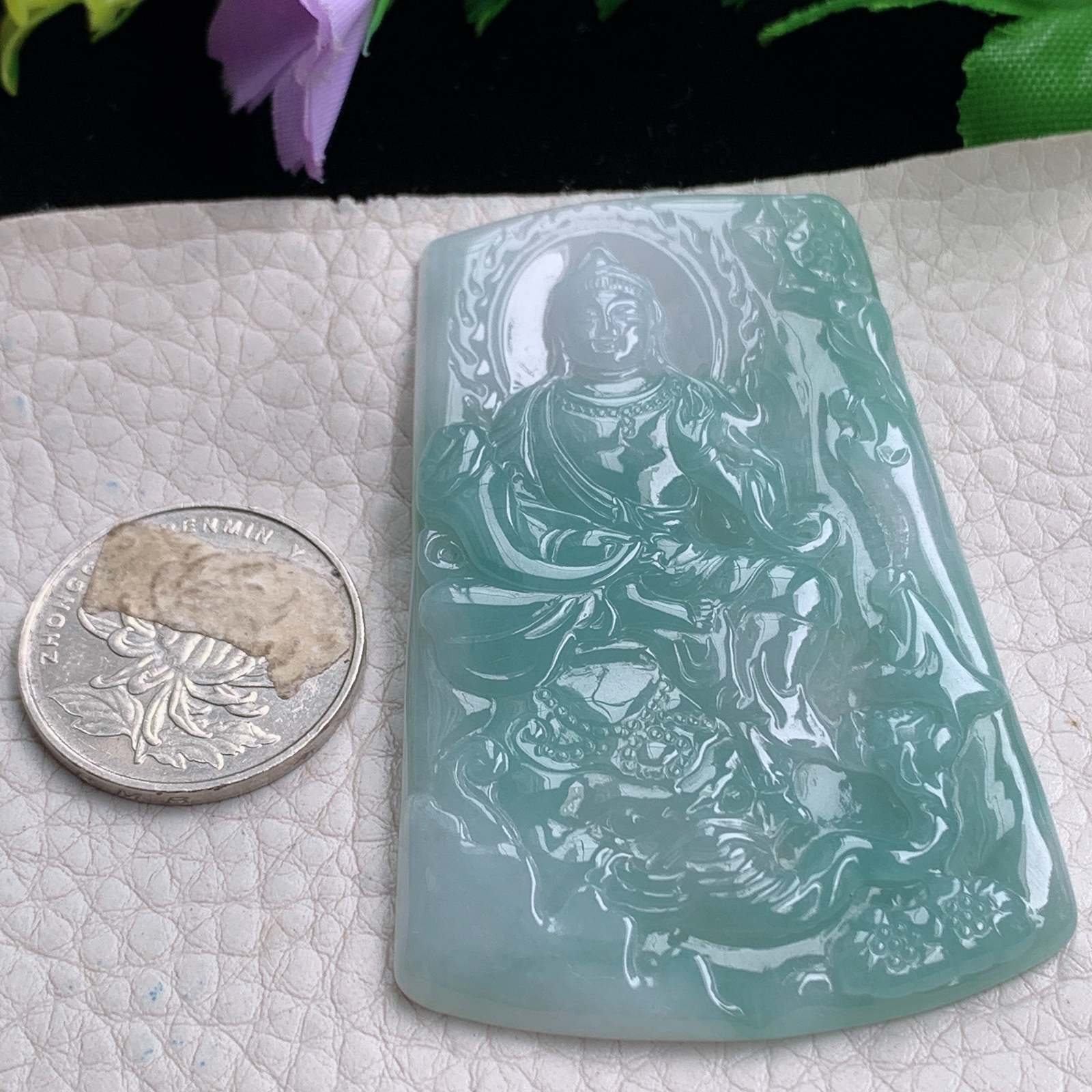 kh实拍69.2*45*5天然缅甸翡翠冰飘花普贤观音吊坠 守护神菩萨