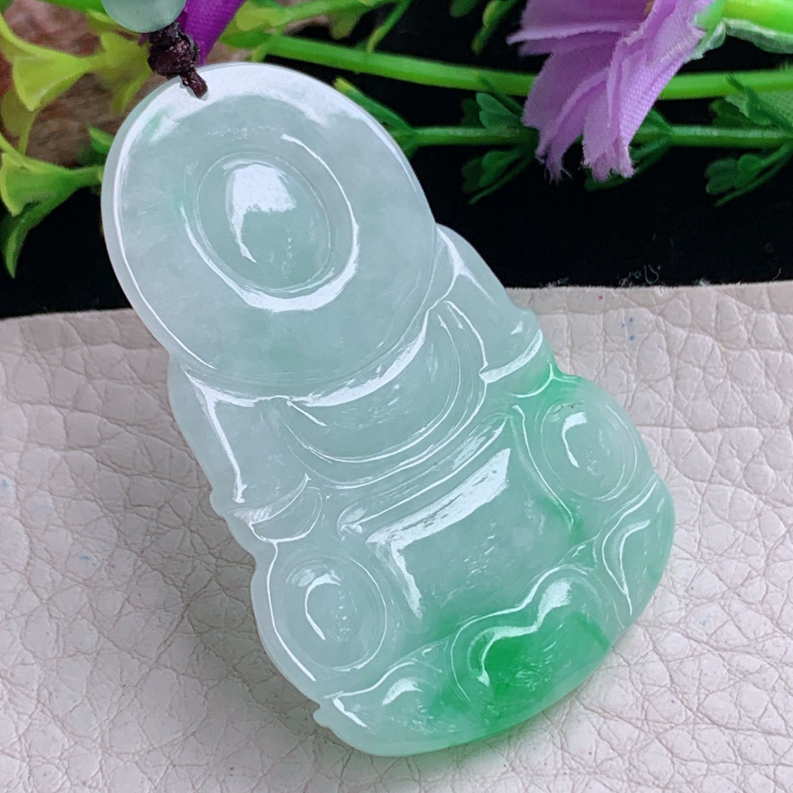 zen实拍52.8*35.5*5.6缅甸天然翡翠a货精雕清爽飘阳绿观音玉项坠 玉挂件