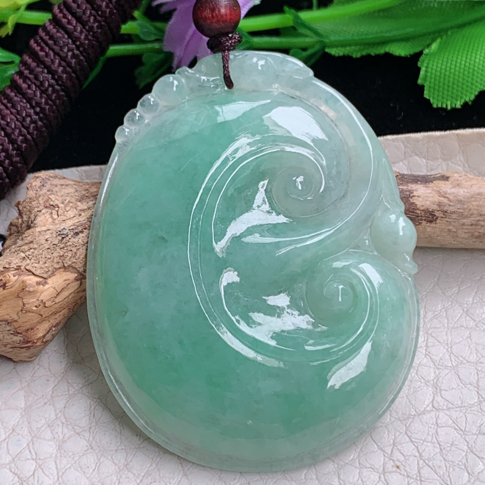 zen实拍52.7*40.8*6缅甸天然翡翠a货精雕满绿大如意玉项坠 玉挂件