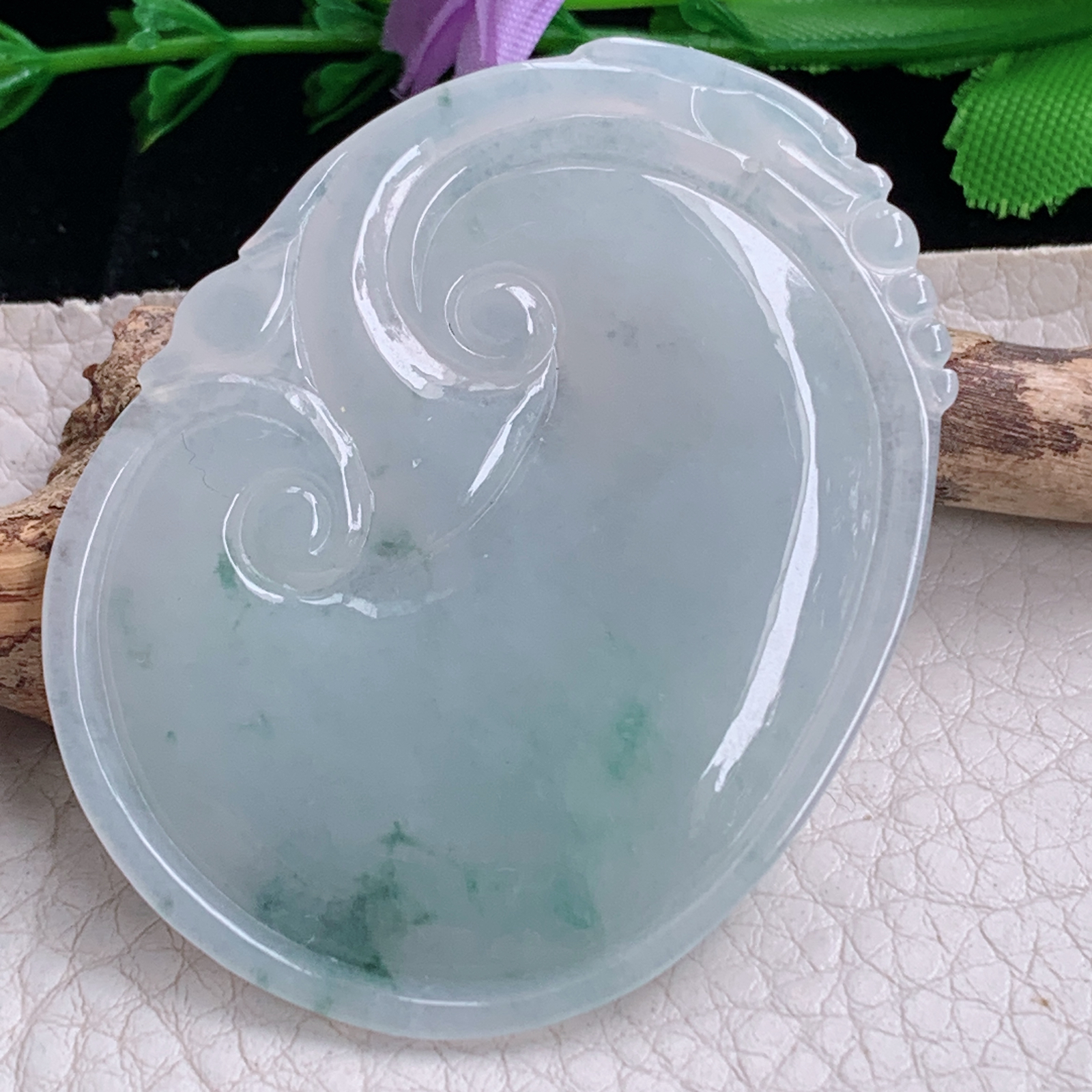 zen实拍53.8*41*6缅甸天然翡翠a货精雕清爽飘花大如意玉项坠 玉挂件