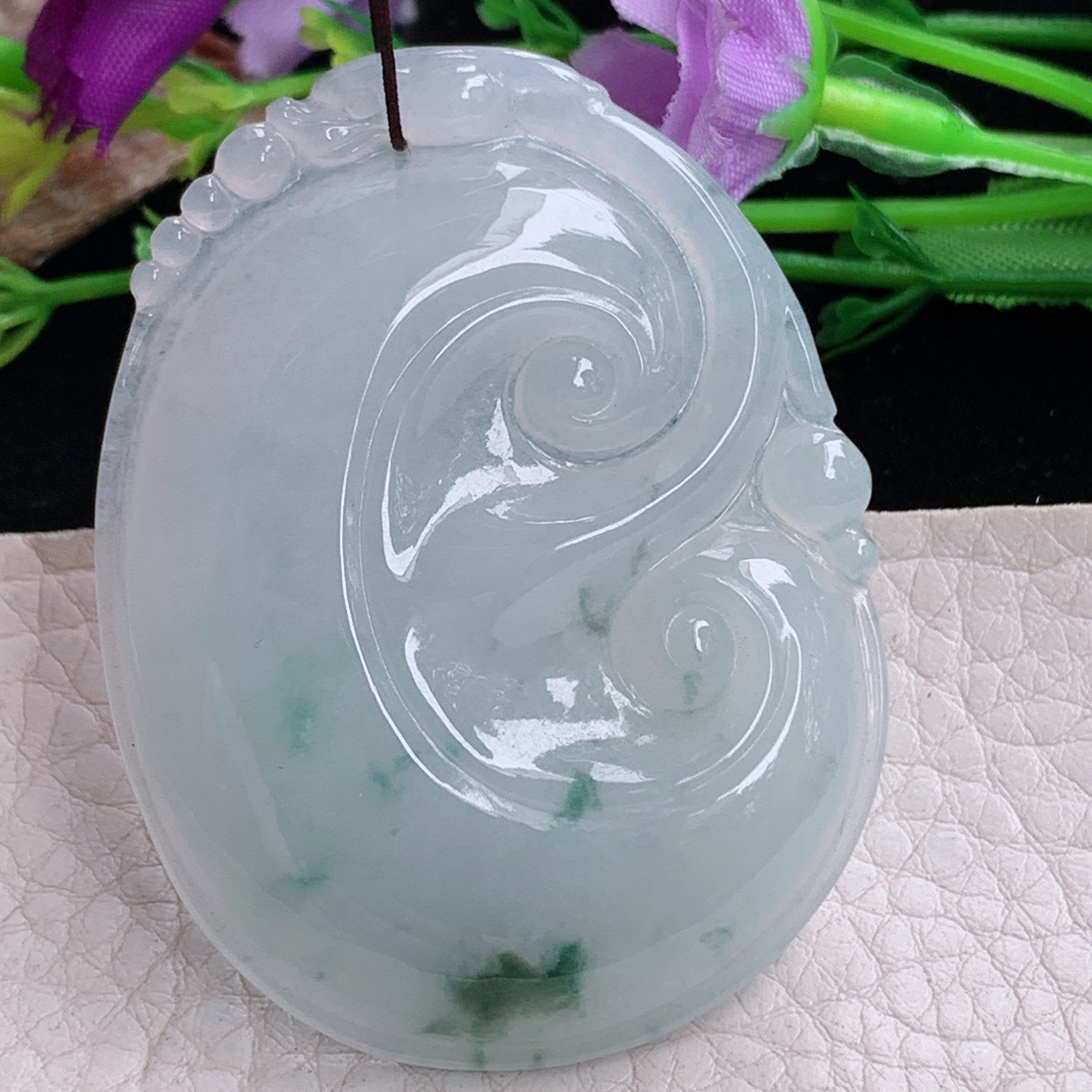 zen实拍53.8*41*6缅甸天然翡翠a货精雕清爽飘花大如意玉项坠 玉挂件