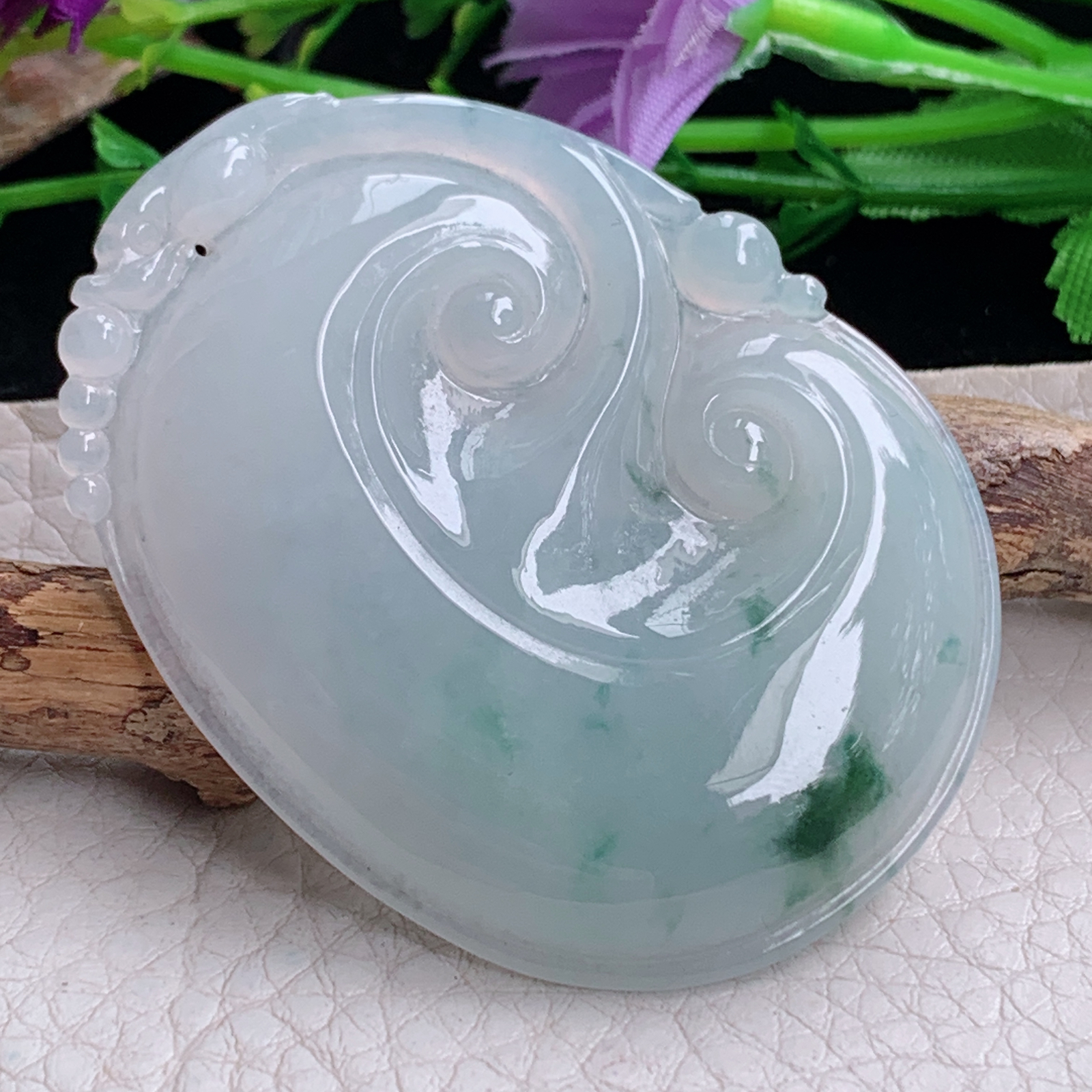 zen实拍53.8*41*6缅甸天然翡翠a货精雕清爽飘花大如意玉项坠 玉挂件