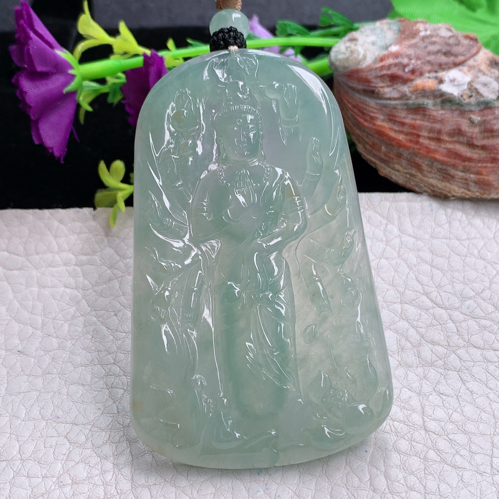 Csy实拍75.3*46.5*6.3缅甸翡翠睛水绿千手观音吊坠站观音菩萨