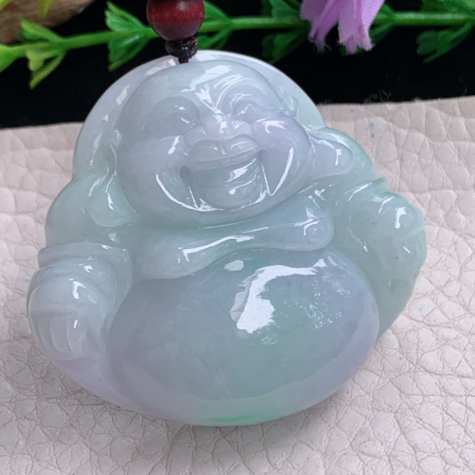 zen实拍41*45*11.3缅甸天然翡翠a货精雕春带彩佛公玉项坠 玉挂件