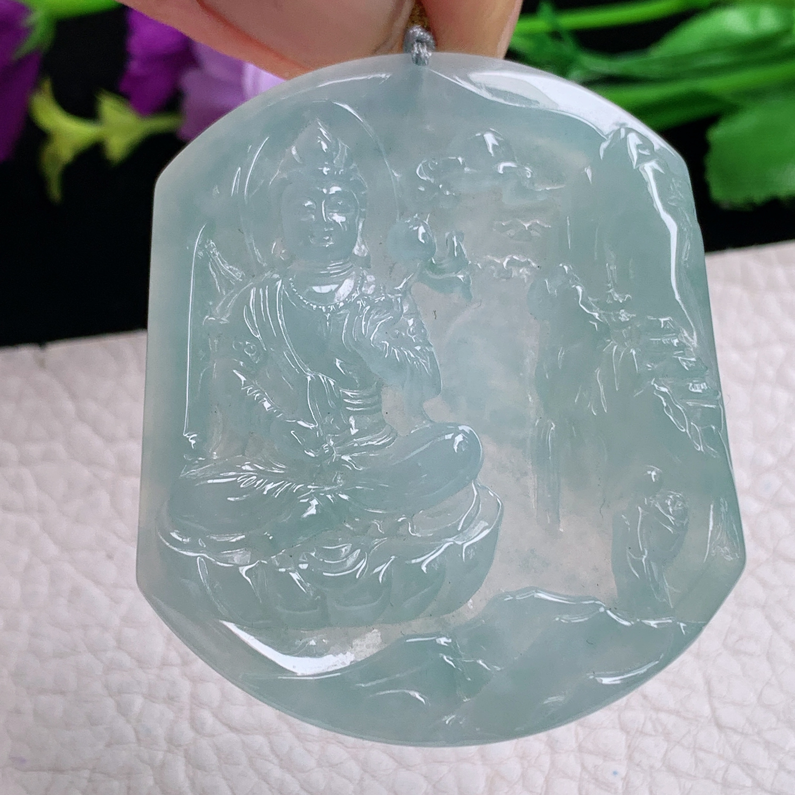 rp实拍54*46.5*7.2天然缅甸翡翠冰透大势至观音菩萨吊坠灵山菩萨