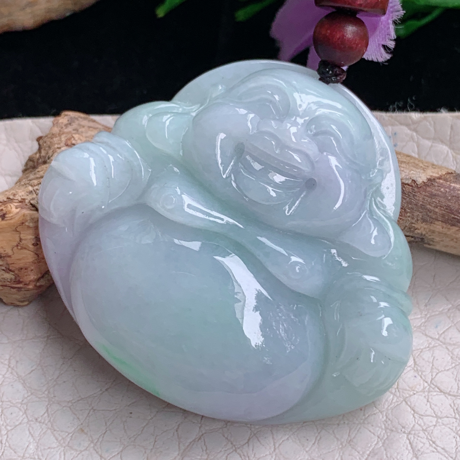 zen实拍41*45*11.3缅甸天然翡翠a货精雕春带彩佛公玉项坠 玉挂件