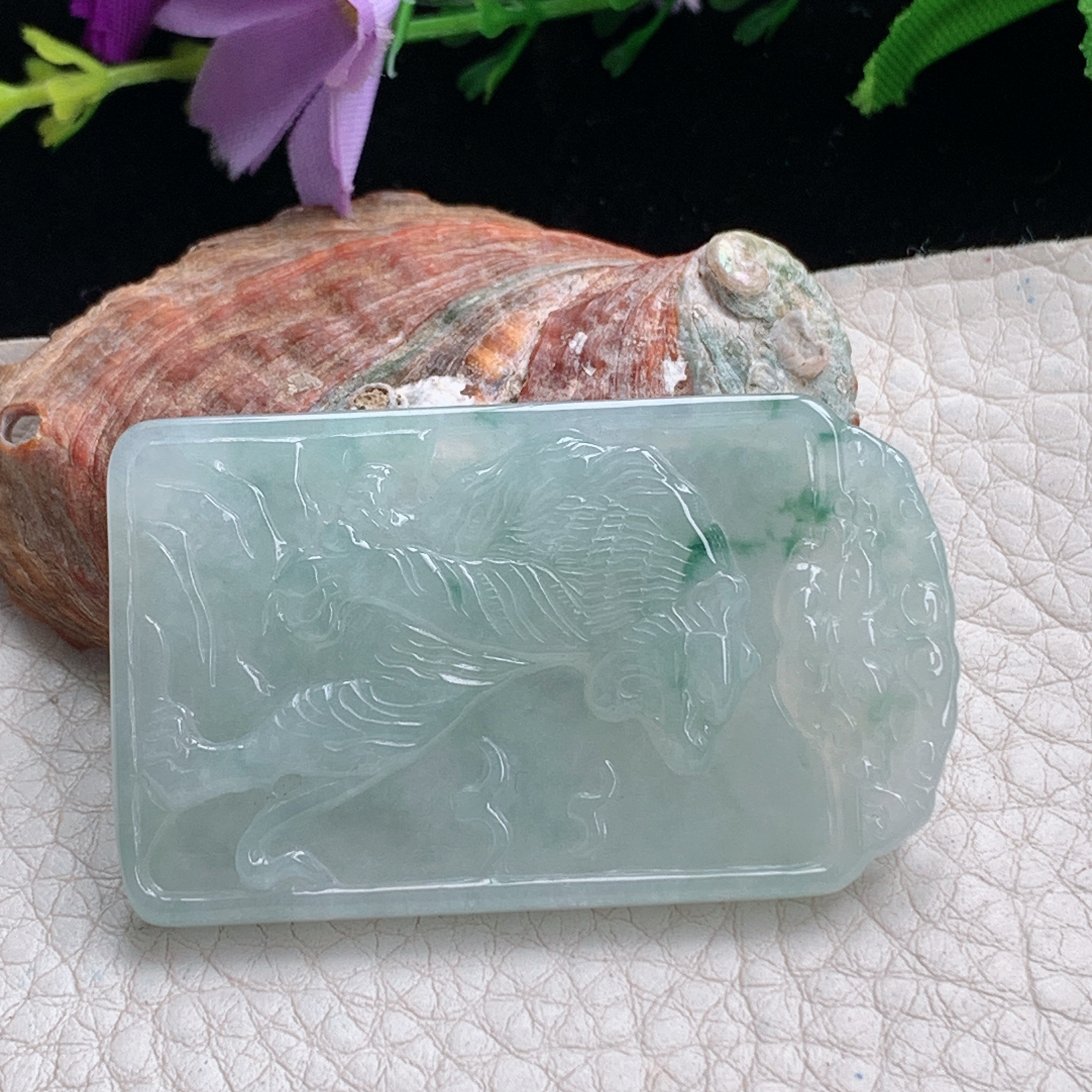 kh实拍51*30.6*5.5天然缅甸翡翠冰透飘花生肖老虎吊坠 上山虎