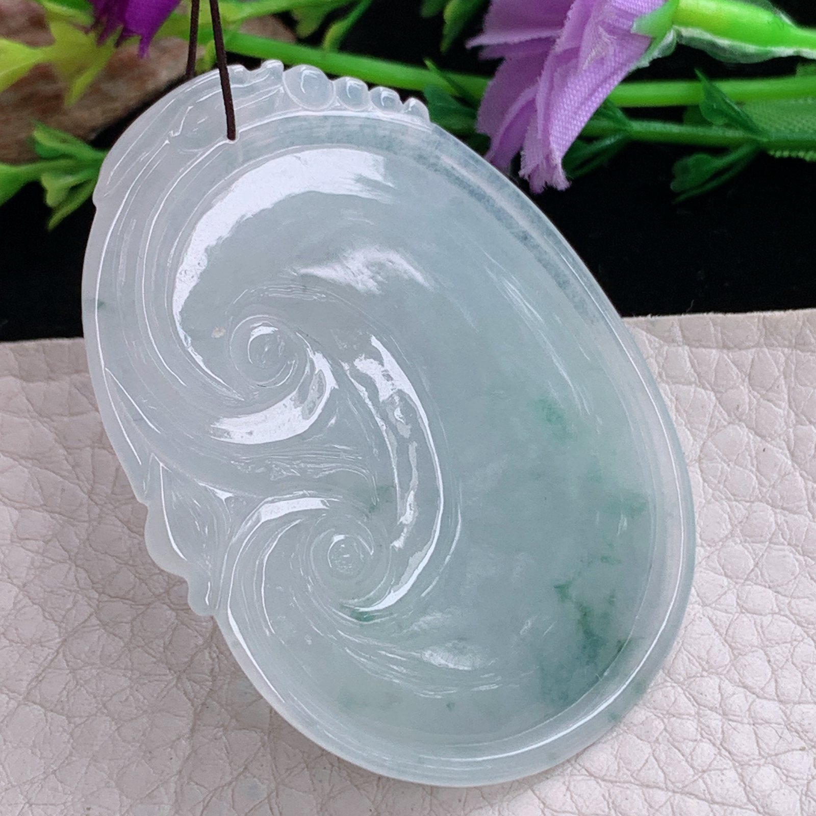 zen实拍53.8*41*6缅甸天然翡翠a货精雕清爽飘花大如意玉项坠 玉挂件