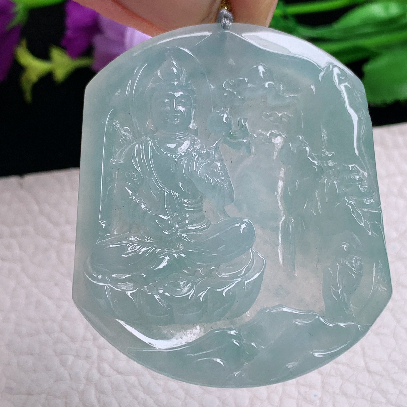 rp实拍54*46.5*7.2天然缅甸翡翠冰透大势至观音菩萨吊坠灵山菩萨