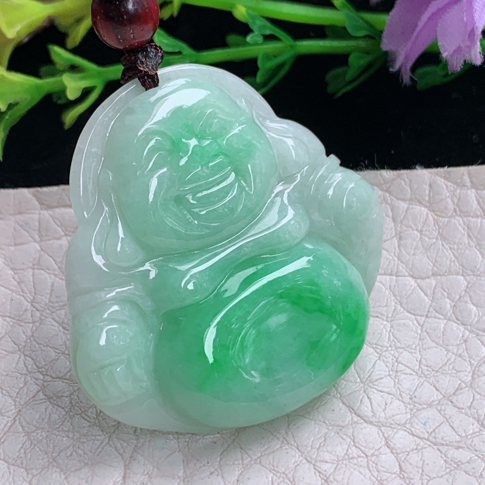 zen实拍34.5*36.8*6.2缅甸天然翡翠a货精雕飘阳绿佛公玉项坠 玉挂件