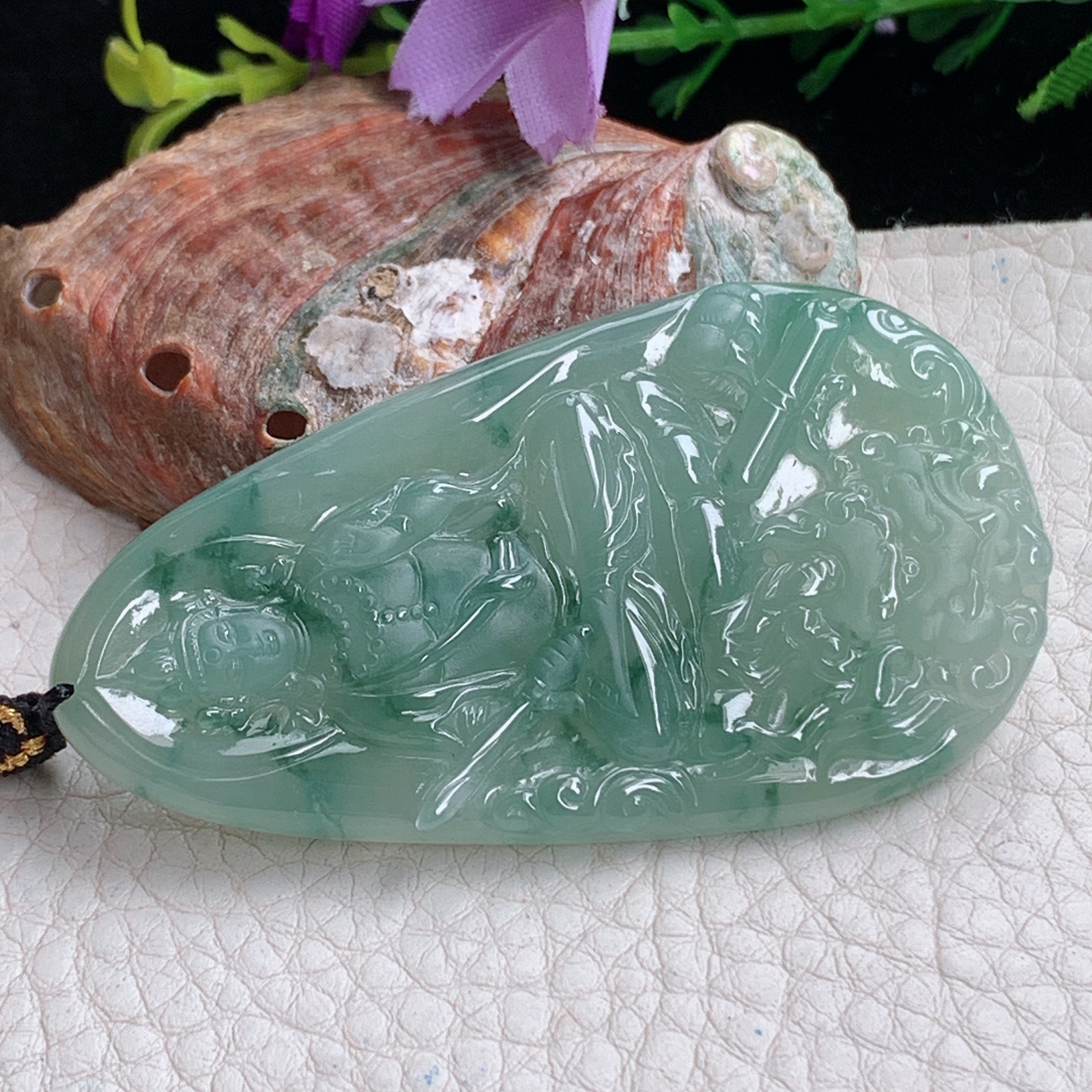 kh实拍63.2*34.6*5.5天然缅甸翡翠冰透飘花御龙观音吊坠虚空藏菩萨