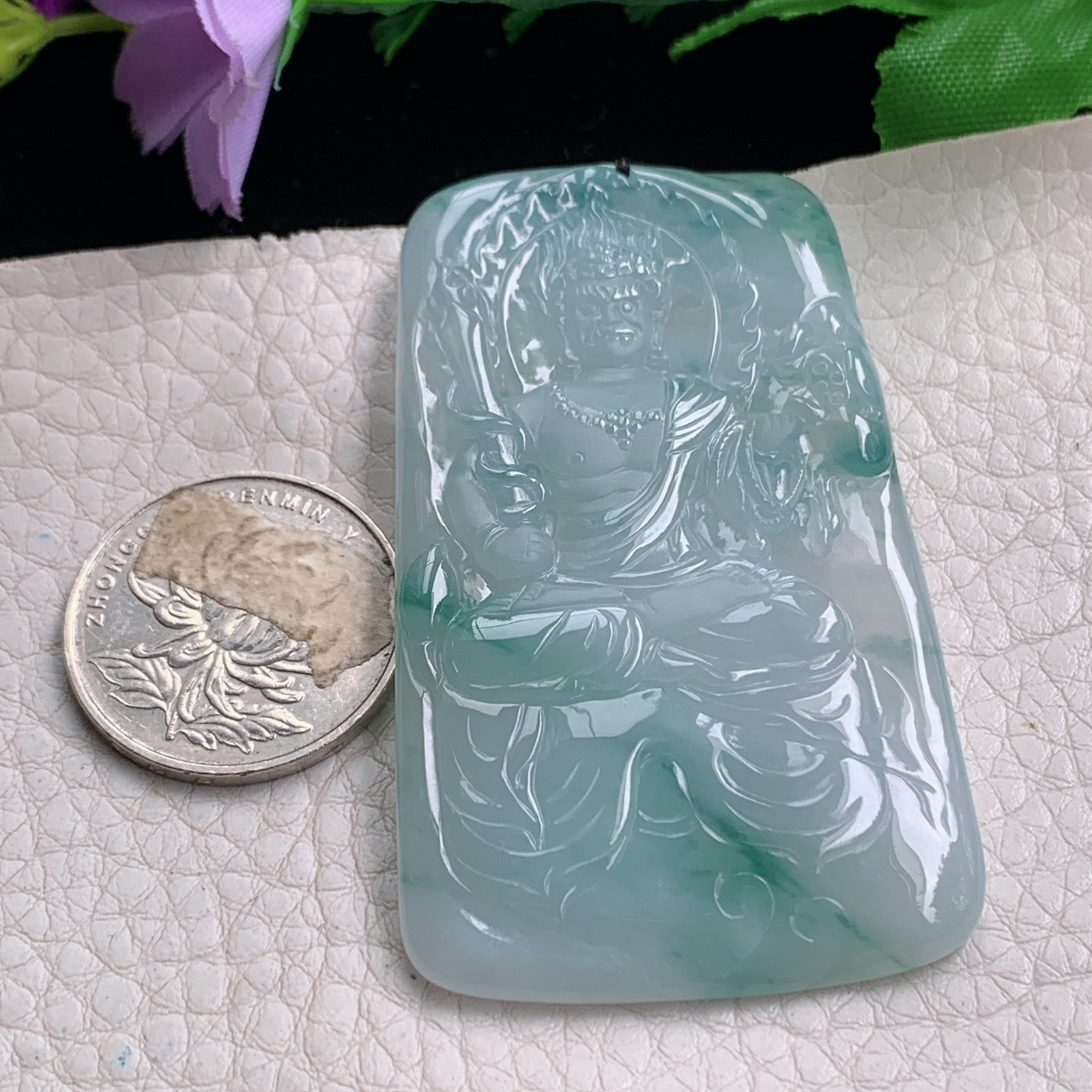 kh实拍66.3*38.8*6天然缅甸翡翠冰飘花不动明王吊坠虚空藏菩萨