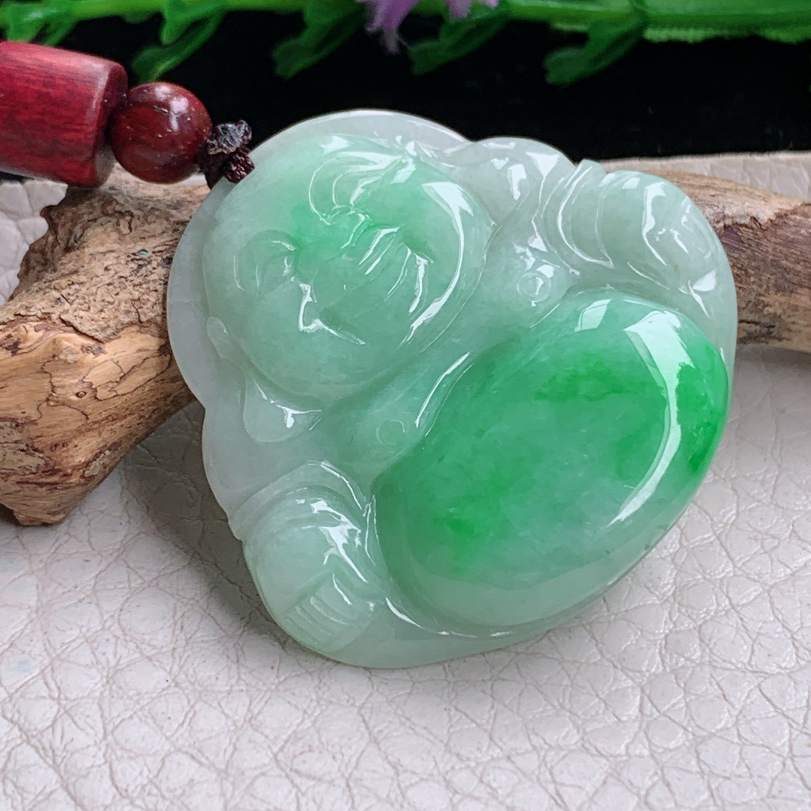 zen实拍34.5*36.8*6.2缅甸天然翡翠a货精雕飘阳绿佛公玉项坠 玉挂件