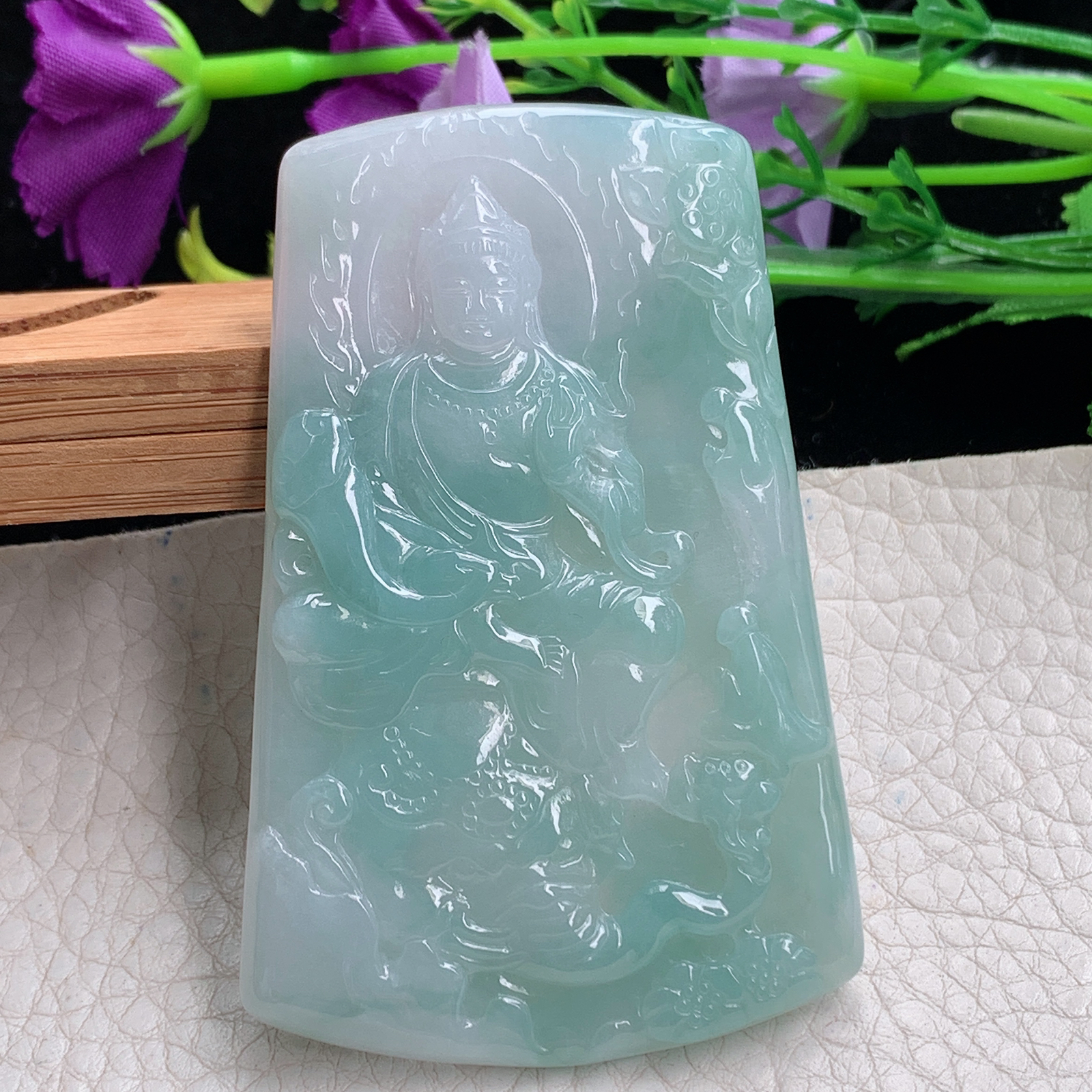 kh实拍69.2*45*5天然缅甸翡翠冰飘花普贤观音吊坠 守护神菩萨
