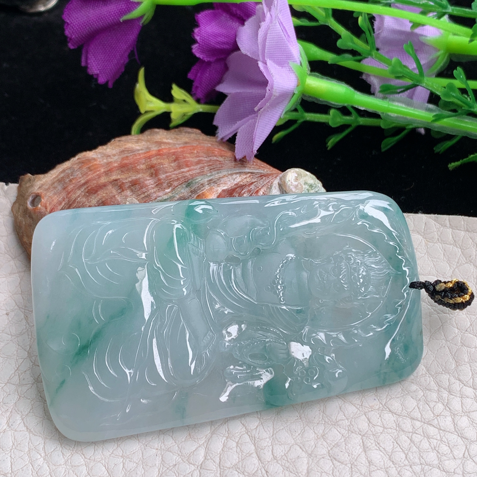 kh实拍66.3*38.8*6天然缅甸翡翠冰飘花不动明王吊坠虚空藏菩萨