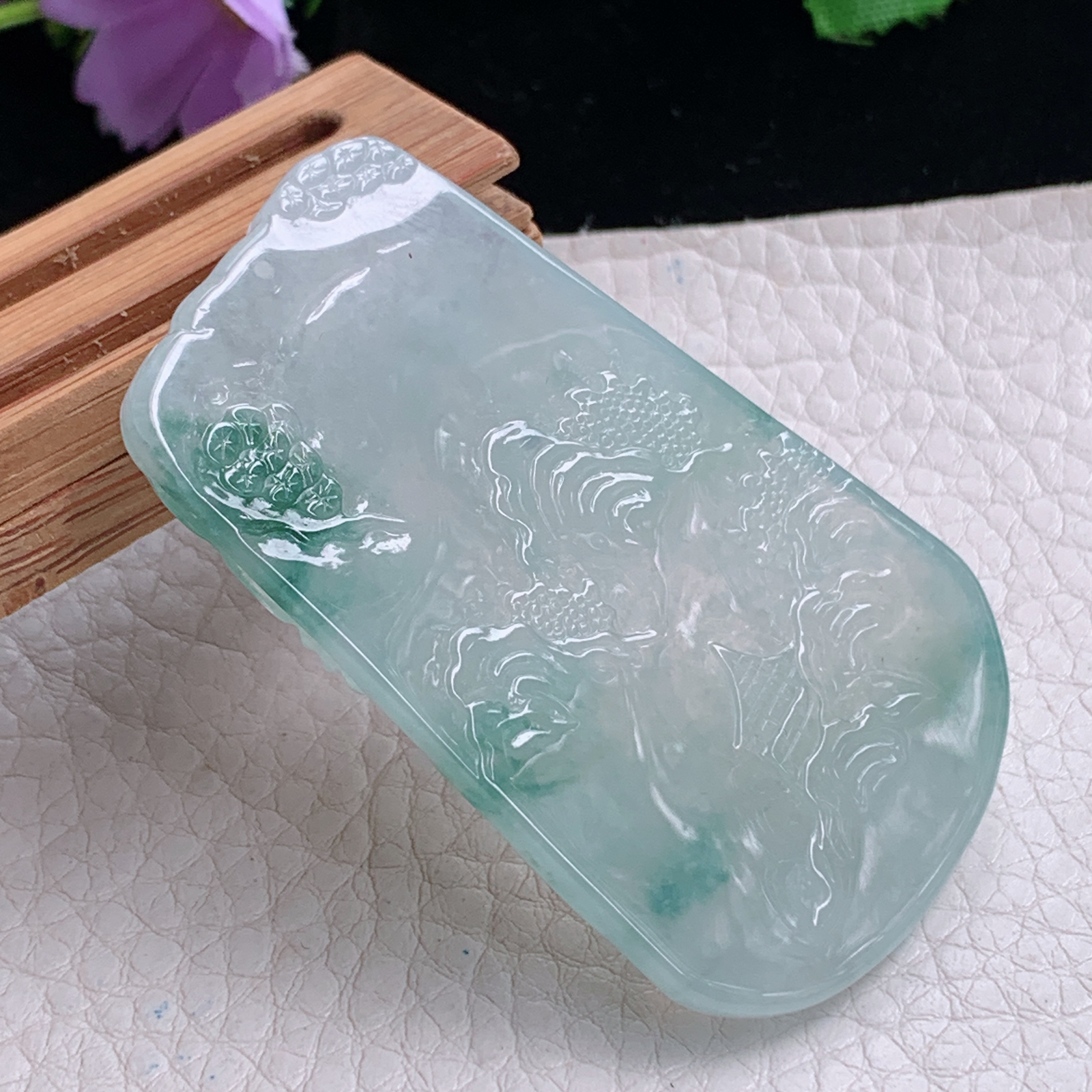 ktj实拍60*36.5*5.7天然缅甸翡翠冰透飘花山水牌吊坠高山流水项坠