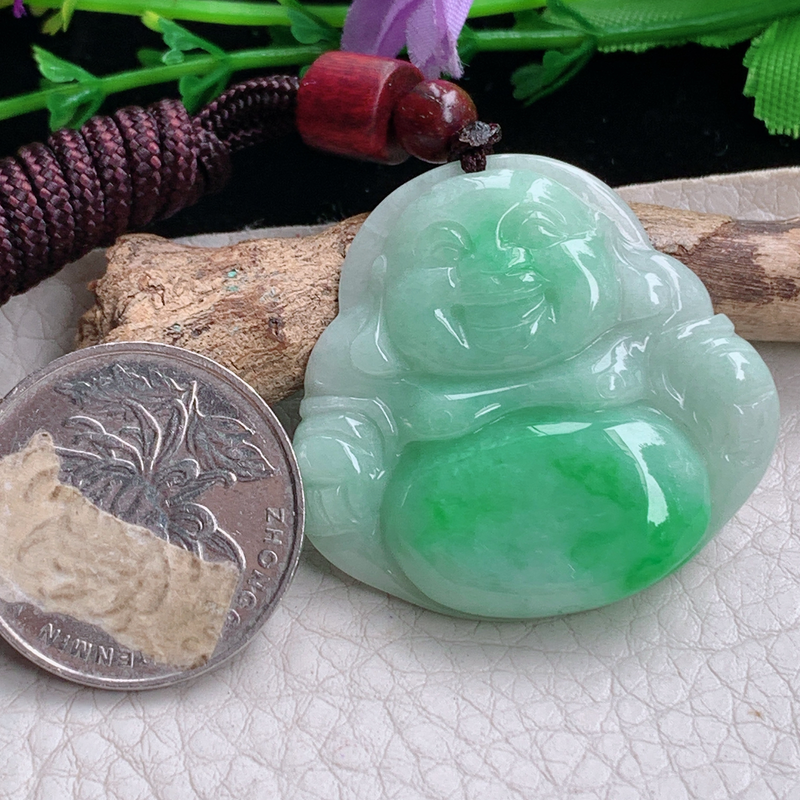 zen实拍34.5*36.8*6.2缅甸天然翡翠a货精雕飘阳绿佛公玉项坠 玉挂件