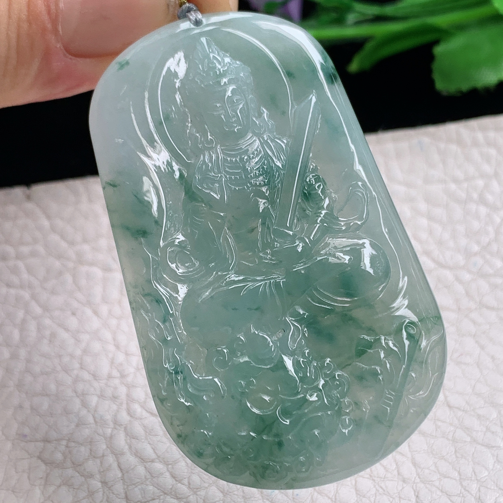 rp实拍64*38.6*5.8天然缅甸翡翠冰透飘花文殊观音吊坠生肖守护神菩萨