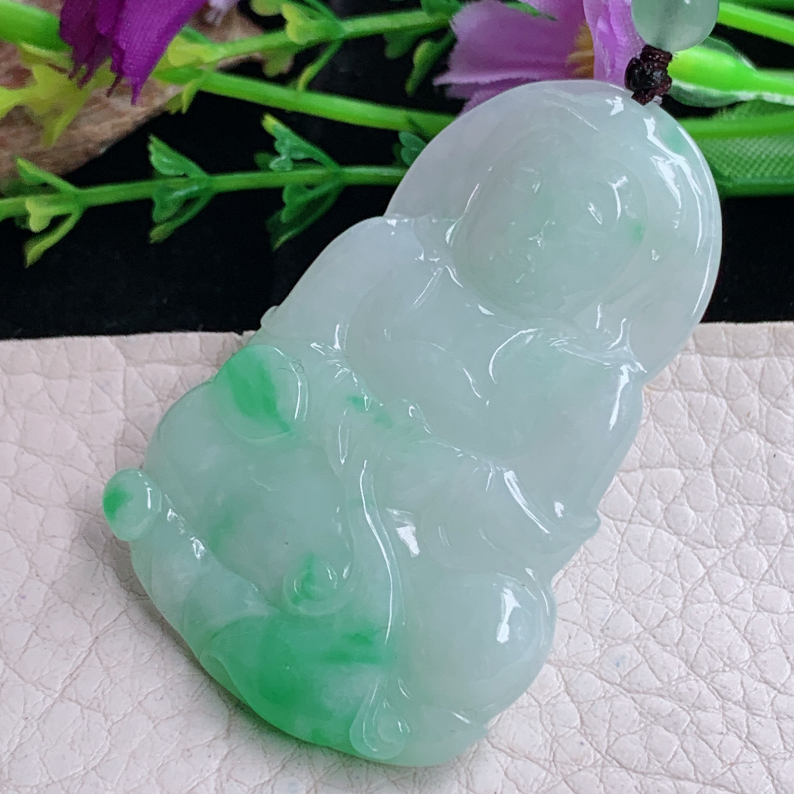 zen实拍52.8*35.5*5.6缅甸天然翡翠a货精雕清爽飘阳绿观音玉项坠 玉挂件