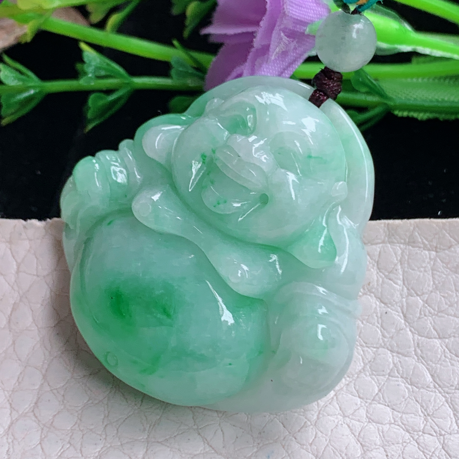 zen实拍37.3*38*11.5缅甸天然翡翠a货精雕清爽辣绿佛公玉项坠 玉挂件