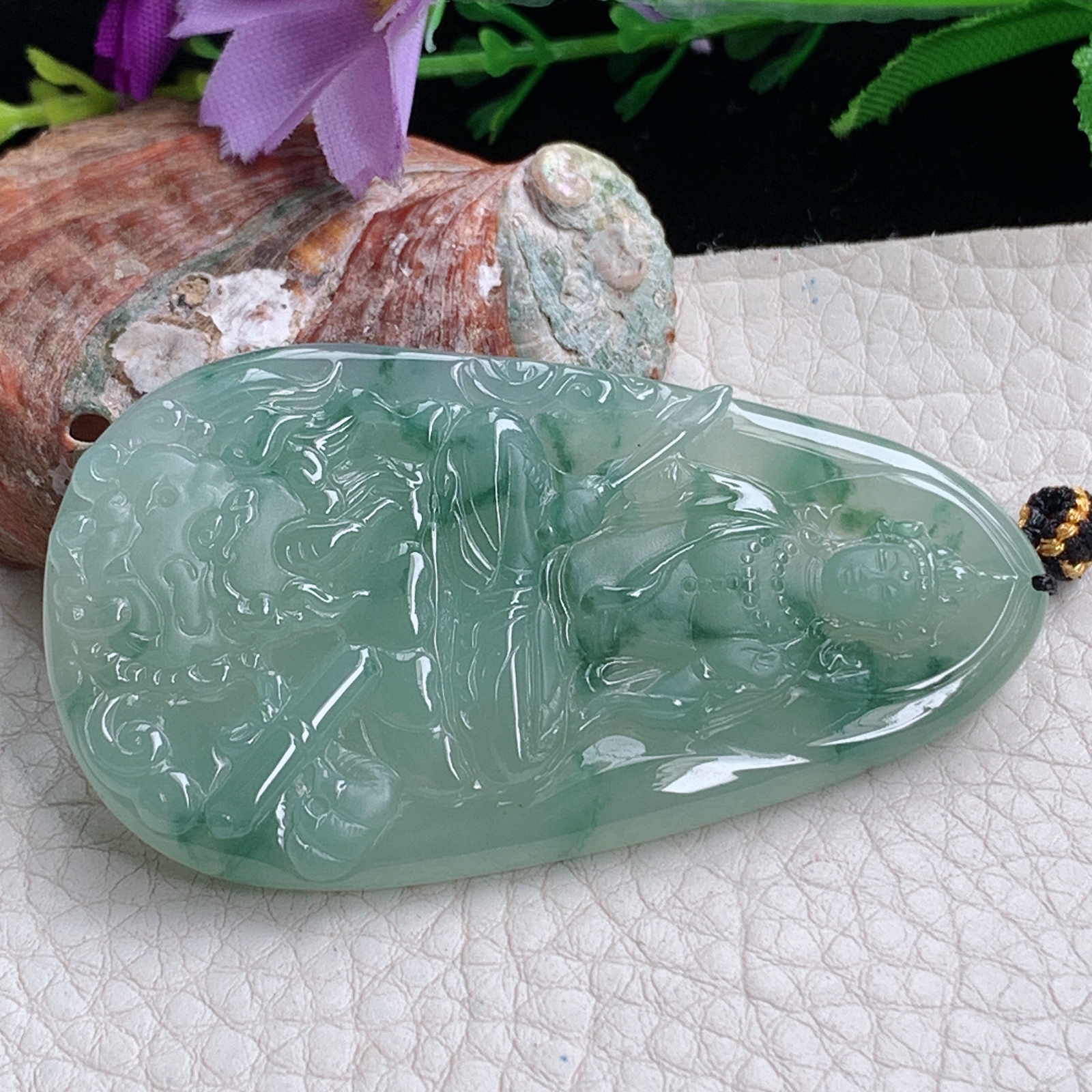 kh实拍63.2*34.6*5.5天然缅甸翡翠冰透飘花御龙观音吊坠虚空藏菩萨