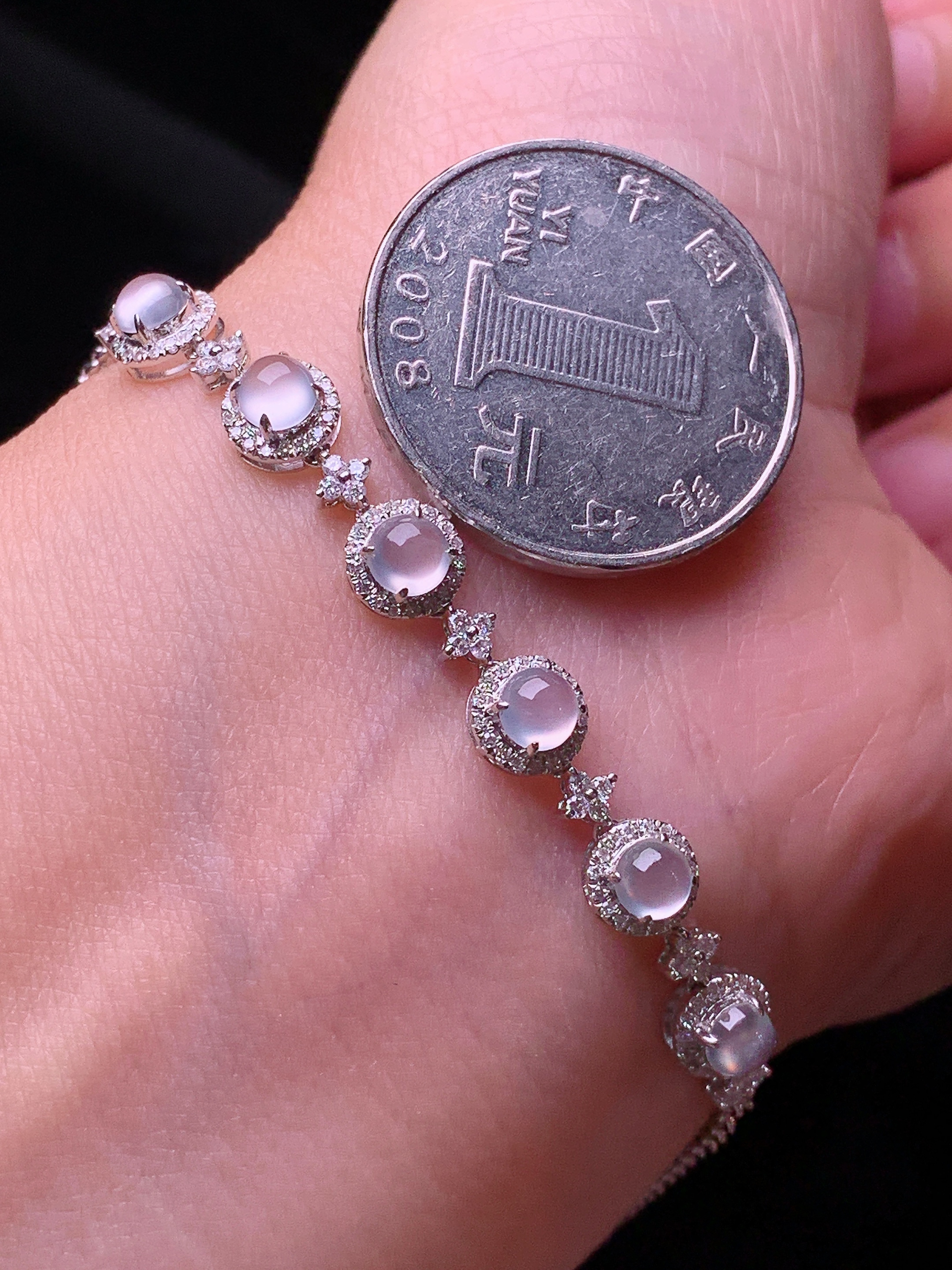 18k金钻镶嵌玻璃种蛋面手链 玉质细腻 色泽艳丽清新 水润亮眼 整体尺寸180*6.2*6f3