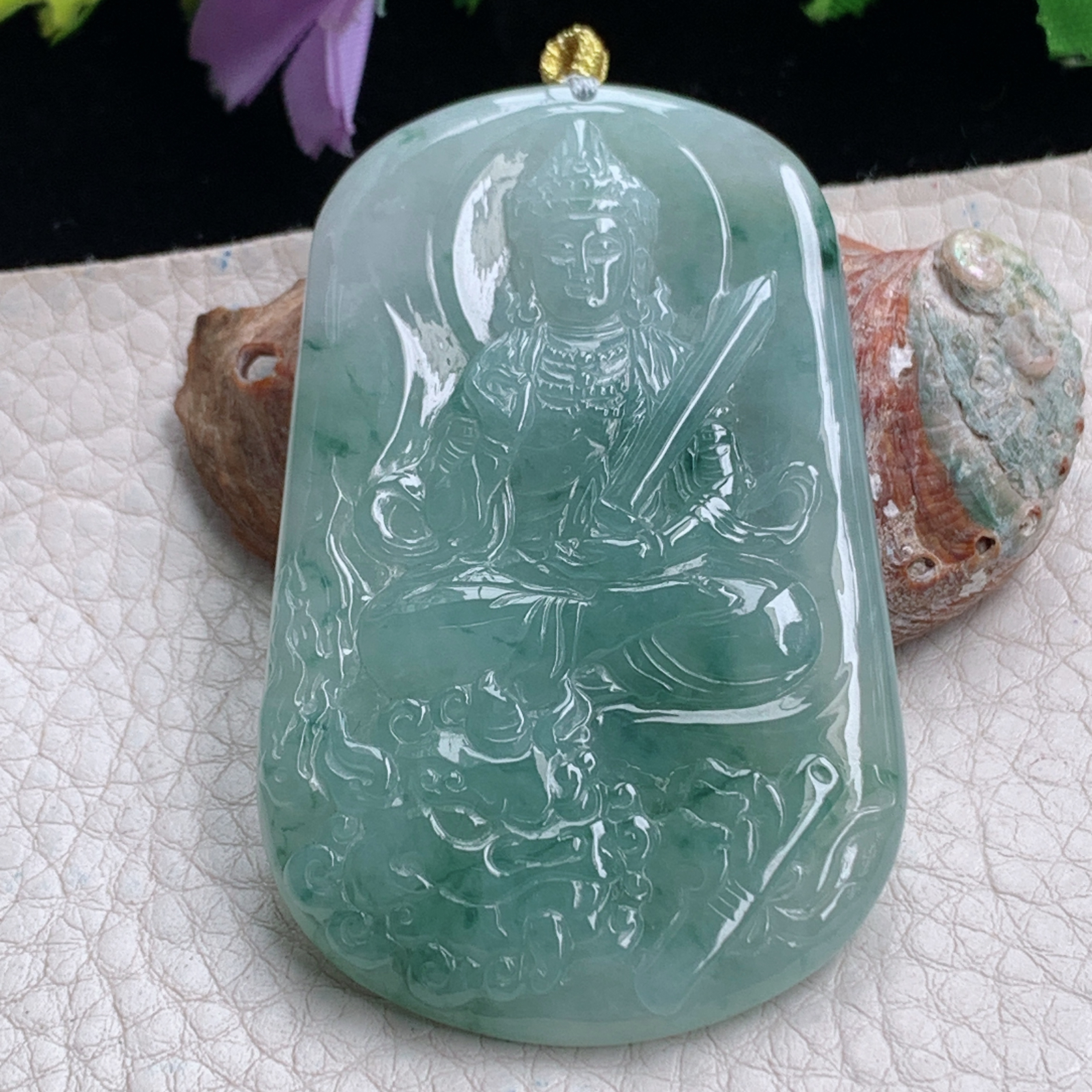 rp实拍64*38.6*5.8天然缅甸翡翠冰透飘花文殊观音吊坠生肖守护神菩萨
